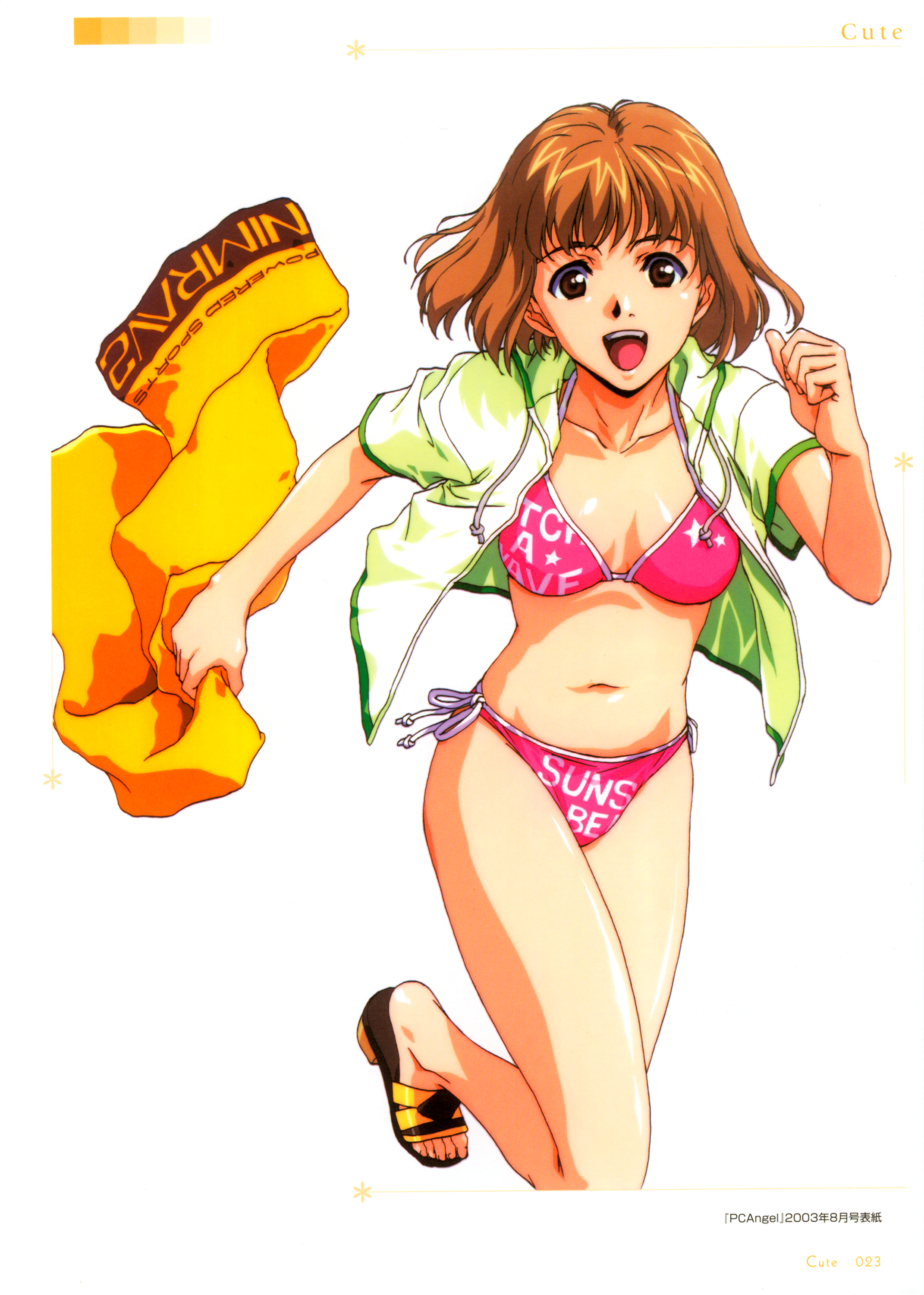 horibe hiderou, yours (art book), absurdres, highres, bikini, brown eyes, brown hair, clothes writing, copyright name, dated, halterneck, open mouth, pink bikini, running, short hair, side-tie bikini bottom, simple background, solo, swimsuit, teeth, towel, upper teeth only