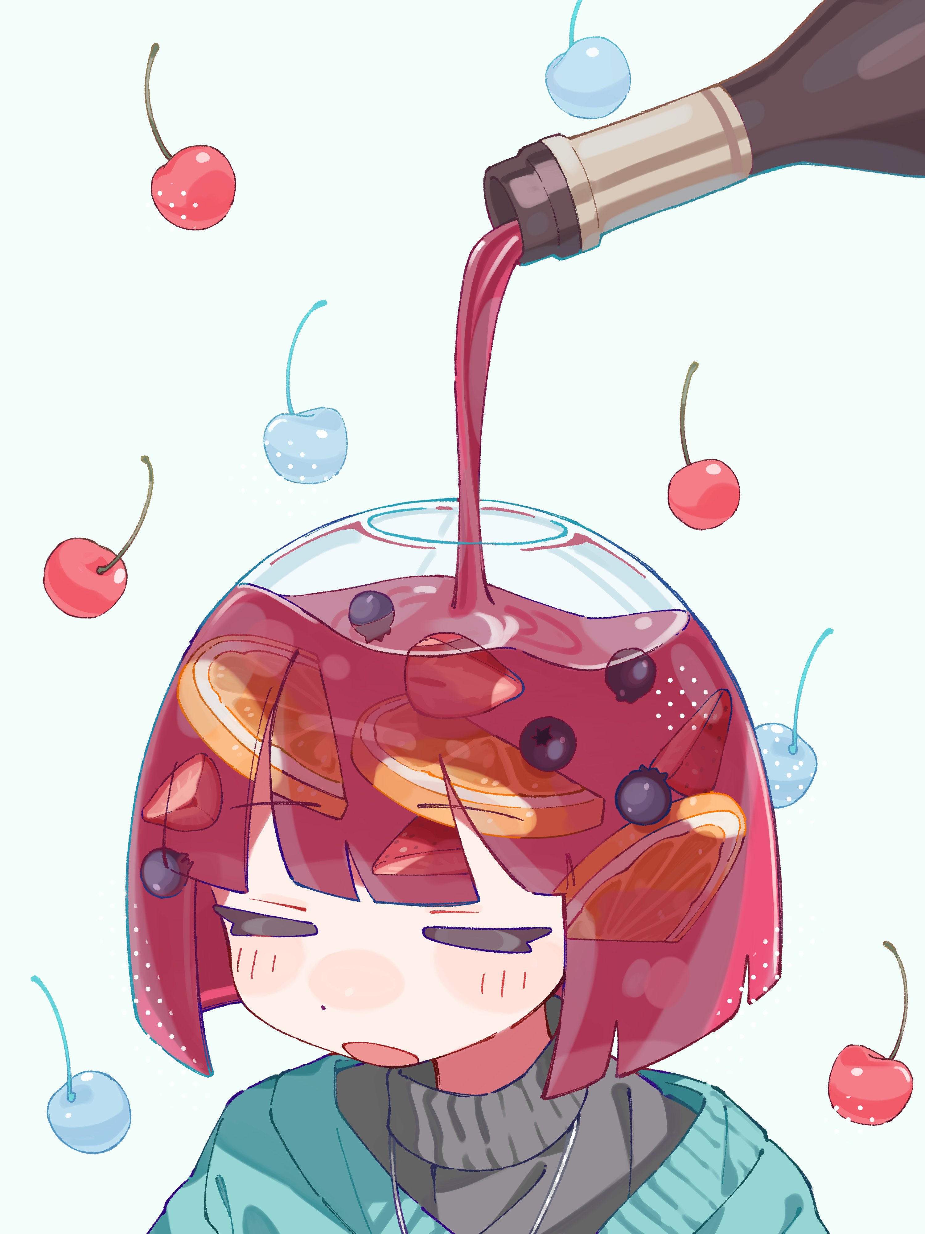 nanoni!, original, absurdres, highres, 1girl, blueberry, blunt bangs, blunt ends, blush, bottle, cherry, closed eyes, drink, food, fruit, grey sweater, lemon, lemon slice, open mouth, portrait, pouring, red hair, short hair, simple background, solo, strawberry, sweater, turtleneck, turtleneck sweater, white background