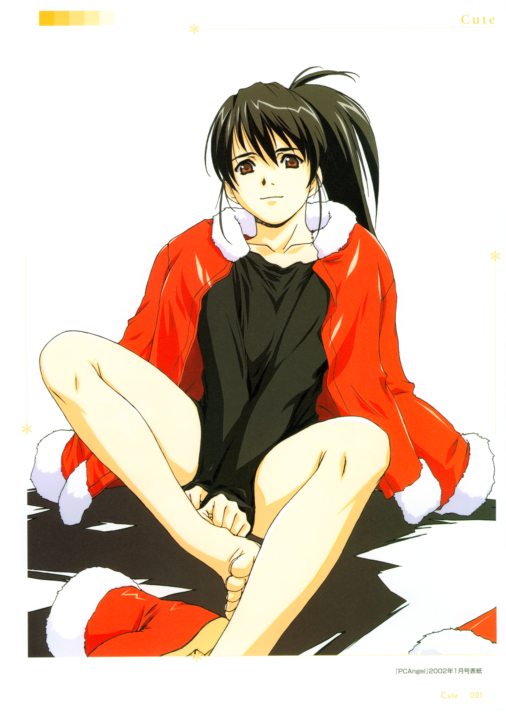 horibe hiderou, yours (art book), absurdres, highres, barefoot, black hair, boots, brown eyes, christmas, coat, ponytail, sitting, solo