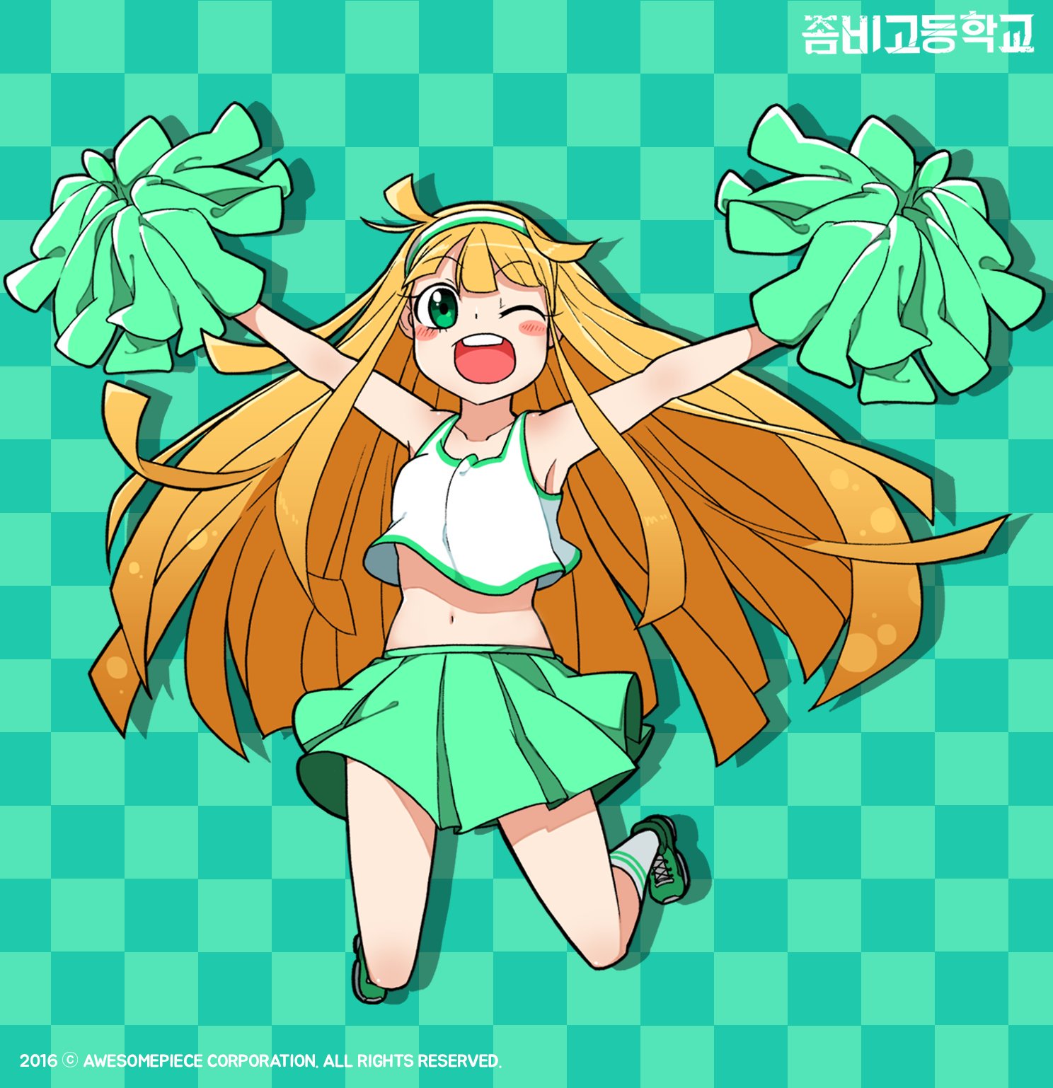 zombie high school, commentary request, highres, korean commentary, official art, 1girl, ;d, blonde hair, blush, blush stickers, checkered background, cheerleader, full body, green eyes, green skirt, hairband, jumping, korean text, long hair, looking at viewer, midriff, nam seon-ji, navel, one eye closed, open mouth, outstretched arms, pleated skirt, pom pom (cheerleading), shoes, skirt, smile, very long hair