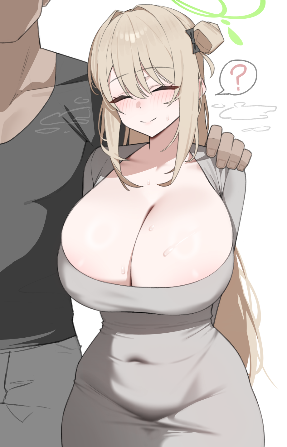 yzr (yzr99), nonomi (blue archive), blue archive, commentary, commentary request, english commentary, highres, mixed-language commentary, paid reward available, 1boy, 1girl, ?, alternate costume, areola slip, arms behind back, black bow, black shirt, blush, bow, breasts, brown hair, cleavage, closed eyes, closed mouth, collarbone, covered erect nipples, covered navel, dongtan dress, dress, green halo, grey dress, grey pants, hair between eyes, hair bow, hair bun, halo, hand on another's shoulder, heavy breathing, hetero, huge breasts, long hair, long sleeves, nervous smile, pants, shirt, side-by-side, sidelocks, simple background, single side bun, smile, solo focus, spoken question mark, standing, sweat, taut clothes, taut dress, very long hair, white background