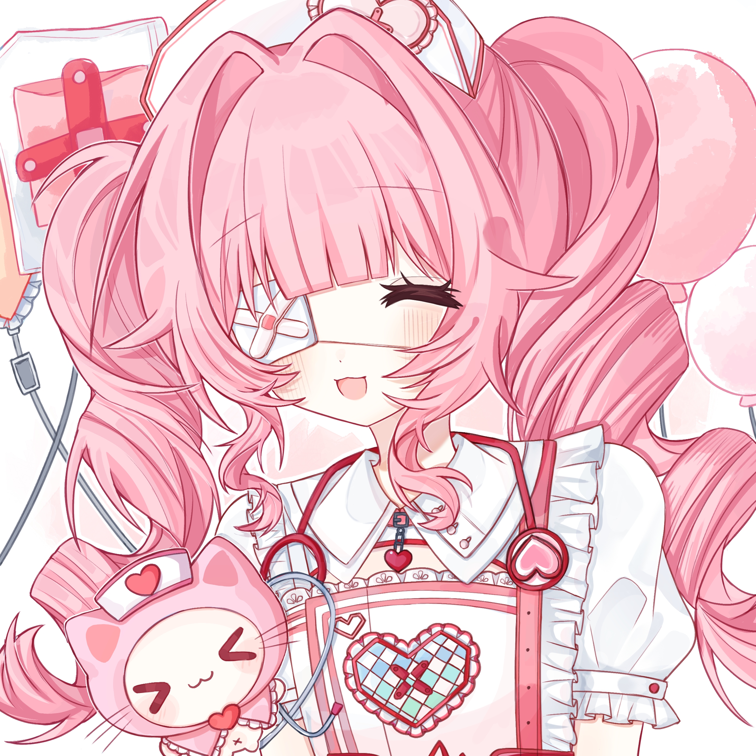 momo (nikki), nikki (nikki), sweet diagnosis (infinity nikki), infinity nikki, nikki (series), absurdres, highres, > <, 1girl, ^ ^, alternate costume, animal, balloon, belt, belt buckle, belt collar, blood, blood bag, brooch, buckle, cat, cloak, closed eyes, closed mouth, clothed animal, collar, collared dress, dot nose, dress, drill hair, ear covers, eyelashes, eyepatch, frilled cloak, frilled dress, frilled sleeves, frills, hair intakes, hat, heart, heart brooch, heart collar, heart print, hood, hood up, hooded cloak, intravenous drip, jewelry, light blush, long hair, medical eyepatch, naiyou xiaren yang, navel, nurse, nurse cap, open mouth, pink belt, pink blood, pink cloak, pink hair, puffy short sleeves, puffy sleeves, short sleeves, sidelocks, smile, stethoscope, twin drills, twintails, upper body, whiskers, white background, white cat, white dress, white hat