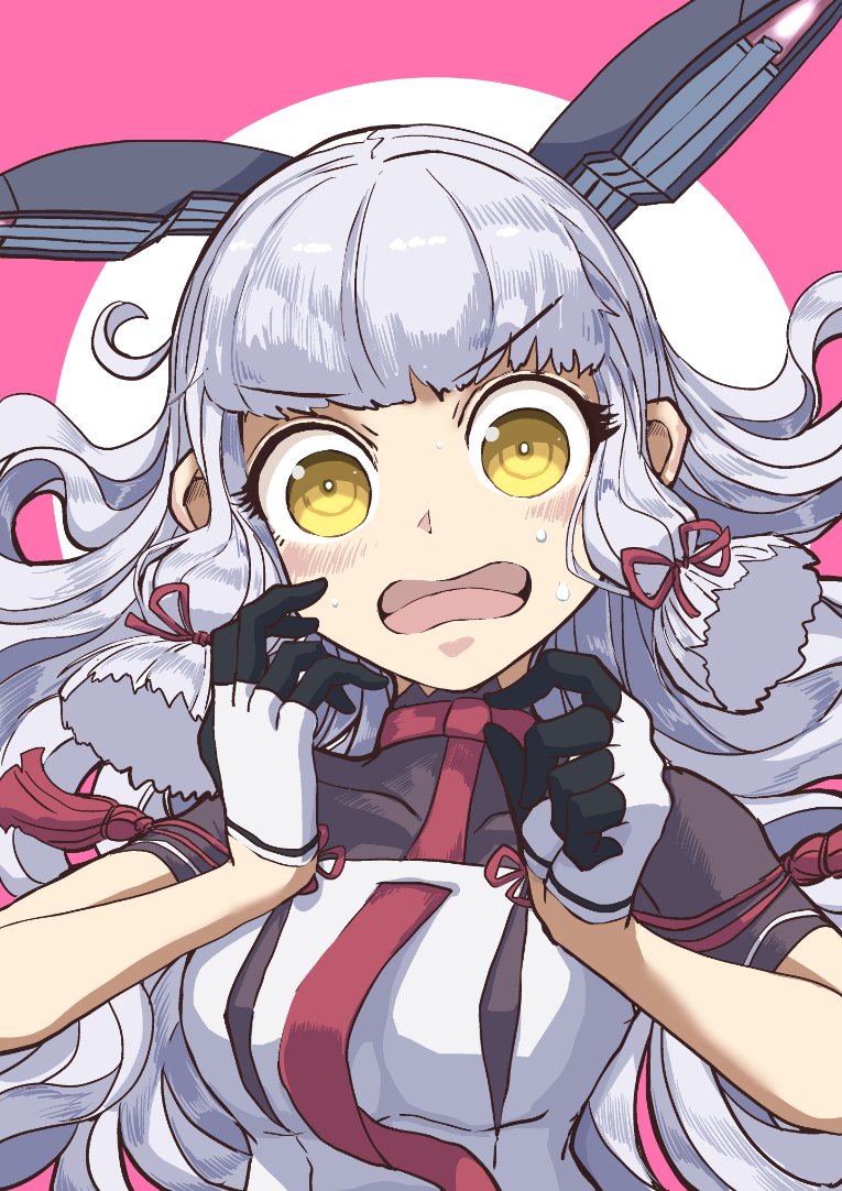 boushi-ya, murakumo (kancolle), murakumo kai ni (kancolle), kantai collection, commentary request, 1girl, blunt bangs, breasts, fingerless gloves, gloves, grey hair, hair ribbon, headgear, looking at viewer, medium breasts, necktie, panties, pink background, red necktie, ribbon, solo, tress ribbon, underwear, upper body, white gloves, white panties, yellow eyes