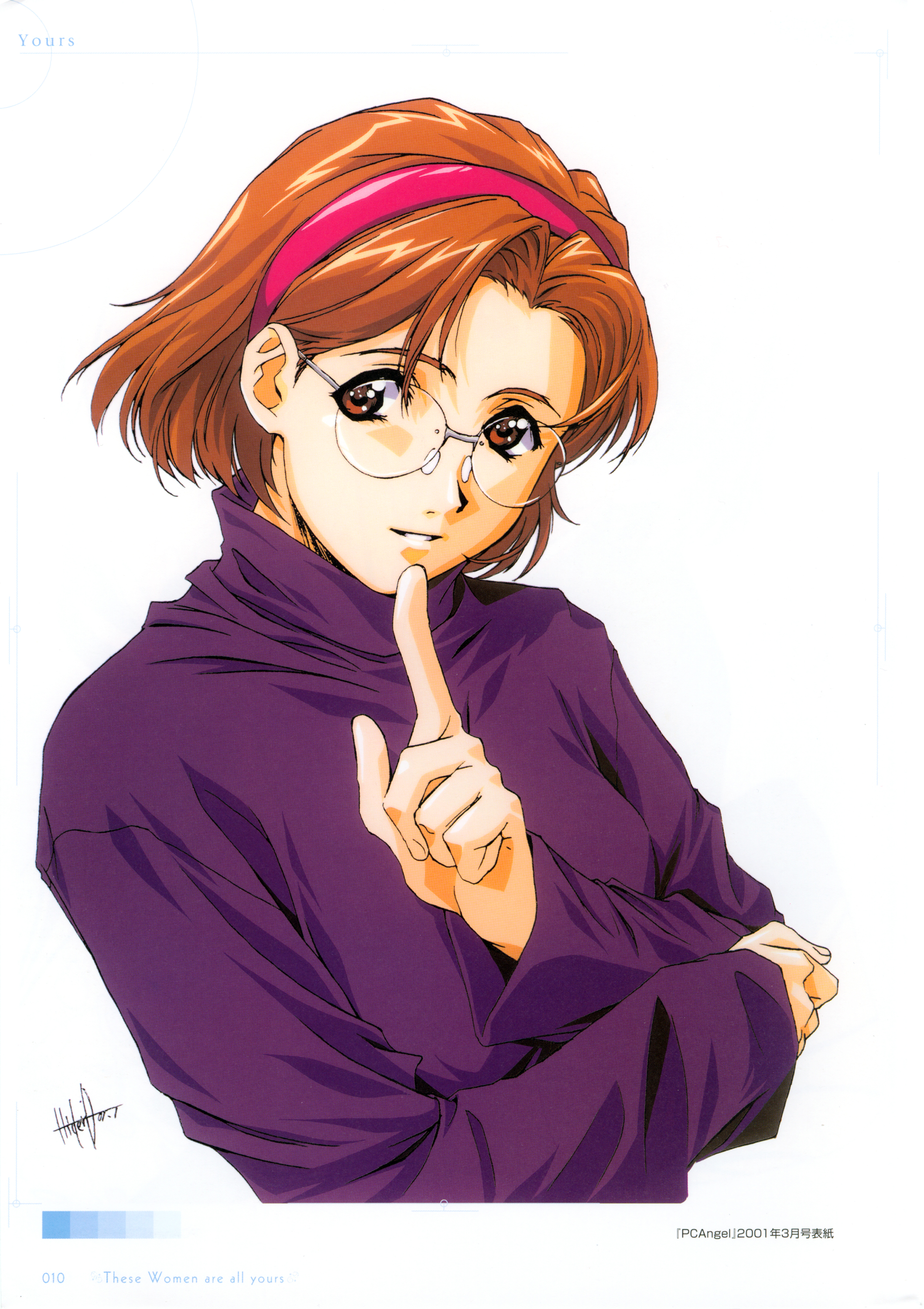 horibe hiderou, yours (art book), absurdres, highres, brown eyes, brown hair, glasses, hairband, short hair, solo, turtleneck