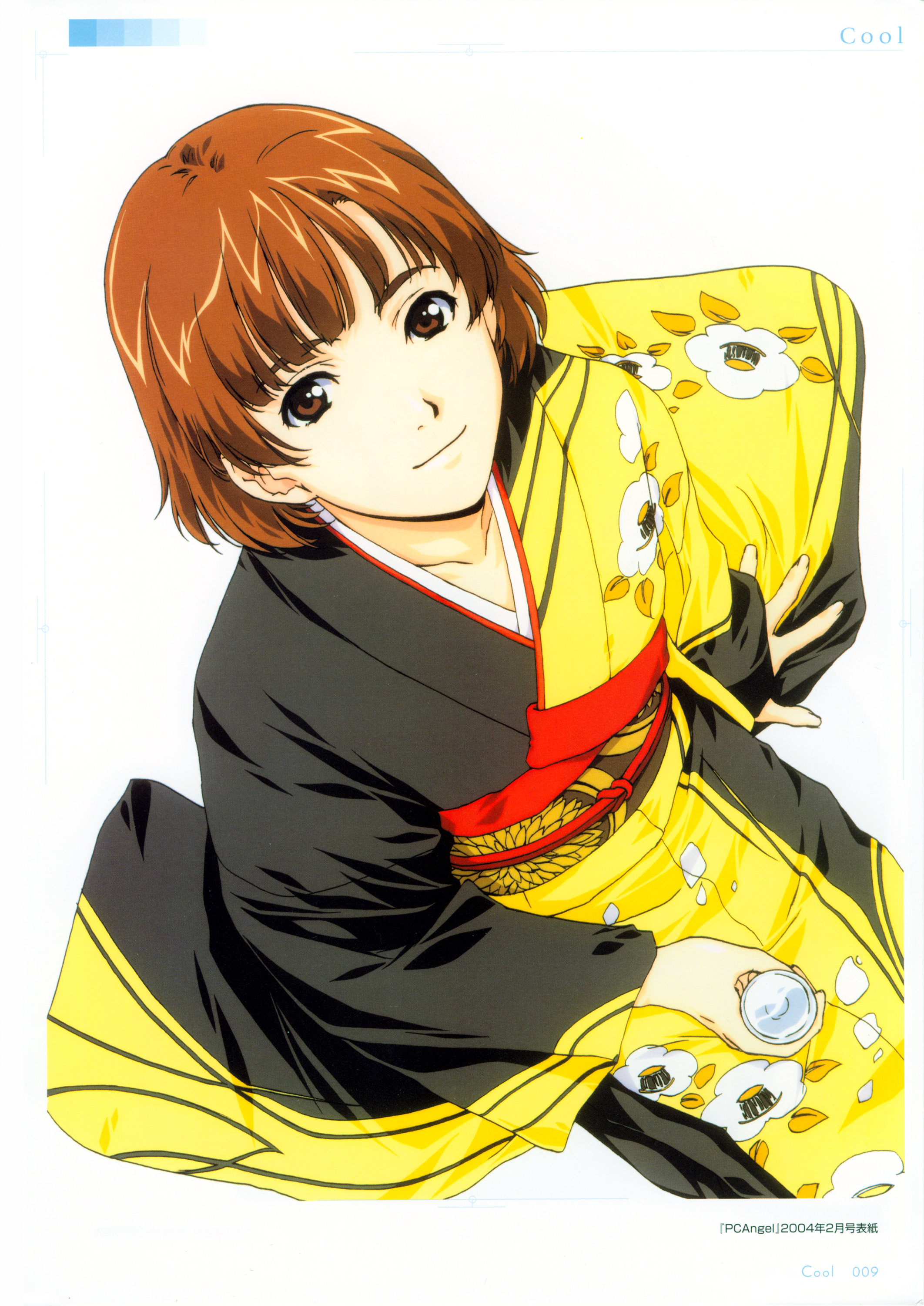 horibe hiderou, yours (art book), absurdres, highres, alcohol, brown eyes, brown hair, choko (cup), cowboy shot, cup, english text, from above, japanese clothes, kimono, sake, short hair, simple background, sitting, smile, solo, white background