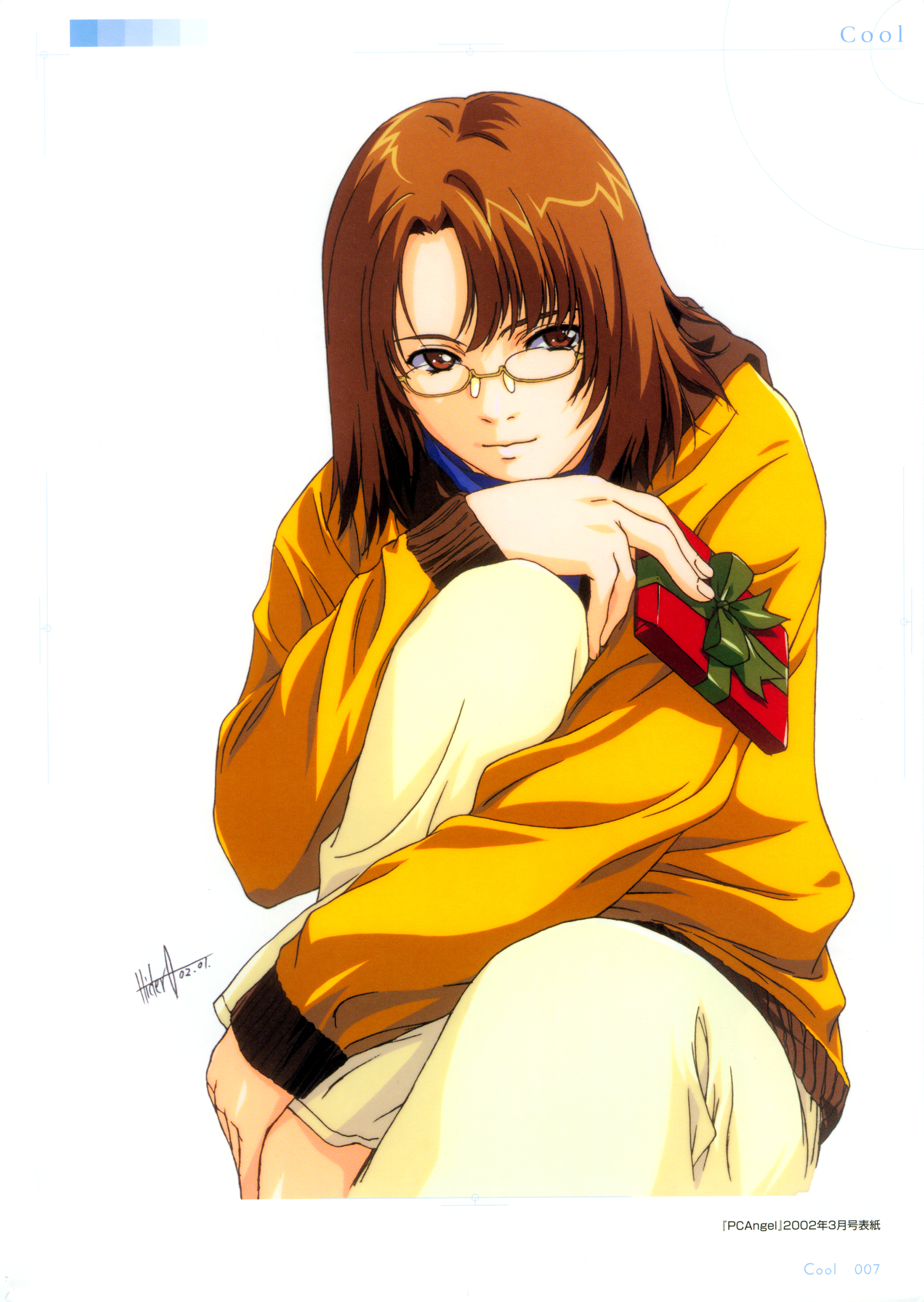 horibe hiderou, original, yours (art book), absurdres, highres, 1girl, brown eyes, brown hair, female focus, gift, glasses, holding, holding gift, short hair, smile, solo