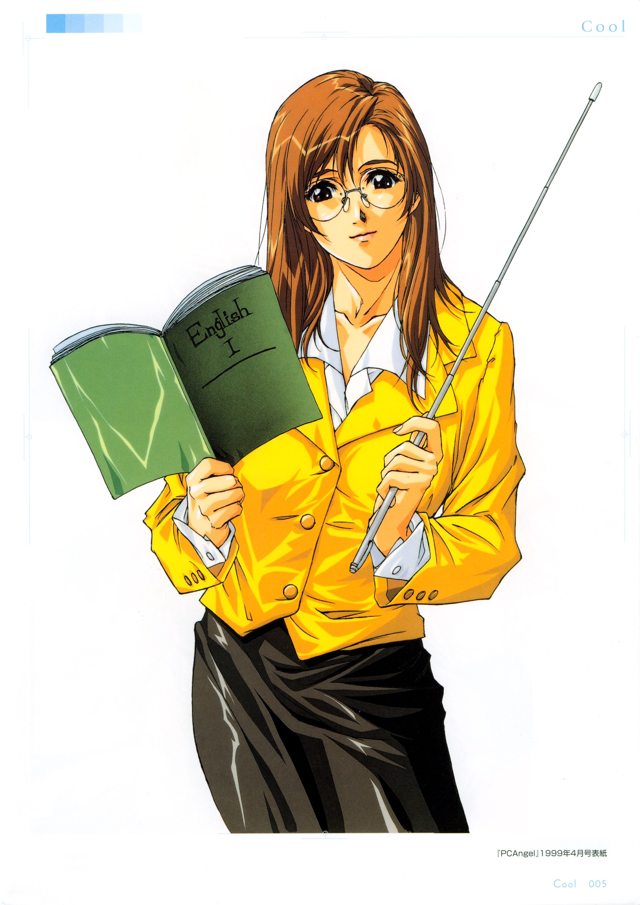 horibe hiderou, original, yours (art book), absurdres, highres, 1girl, brown eyes, brown hair, female focus, glasses, lips, pencil skirt, pointer, skirt, solo, teacher