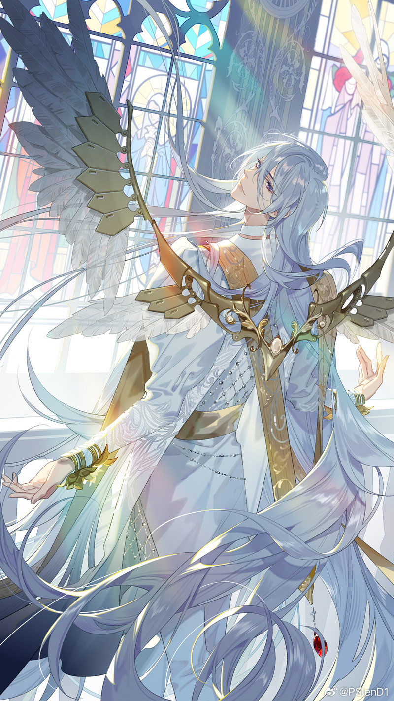 psd (psdgai), cael anselm, lovebrush chronicles, highres, official art, 1boy, angel wings, arched back, bracelet, bracer, cael anselm (deimortem era), chain belt, closed mouth, coat, cross, feathered wings, flower bracelet, from behind, gem, hair between eyes, jewelry, juliet sleeves, latin cross, light rays, lips, long bangs, long hair, long hair between eyes, long sleeves, looking at viewer, looking back, male focus, mechanical wings, outstretched arms, pants, pearl (gemstone), puffy sleeves, purple eyes, red gemstone, sash, scarf, smile, solo, spread arms, stained glass, standing, stole, very long hair, waist sash, watermark, weibo watermark, white coat, white hair, white pants, white wings, wings, yellow sash, yellow scarf