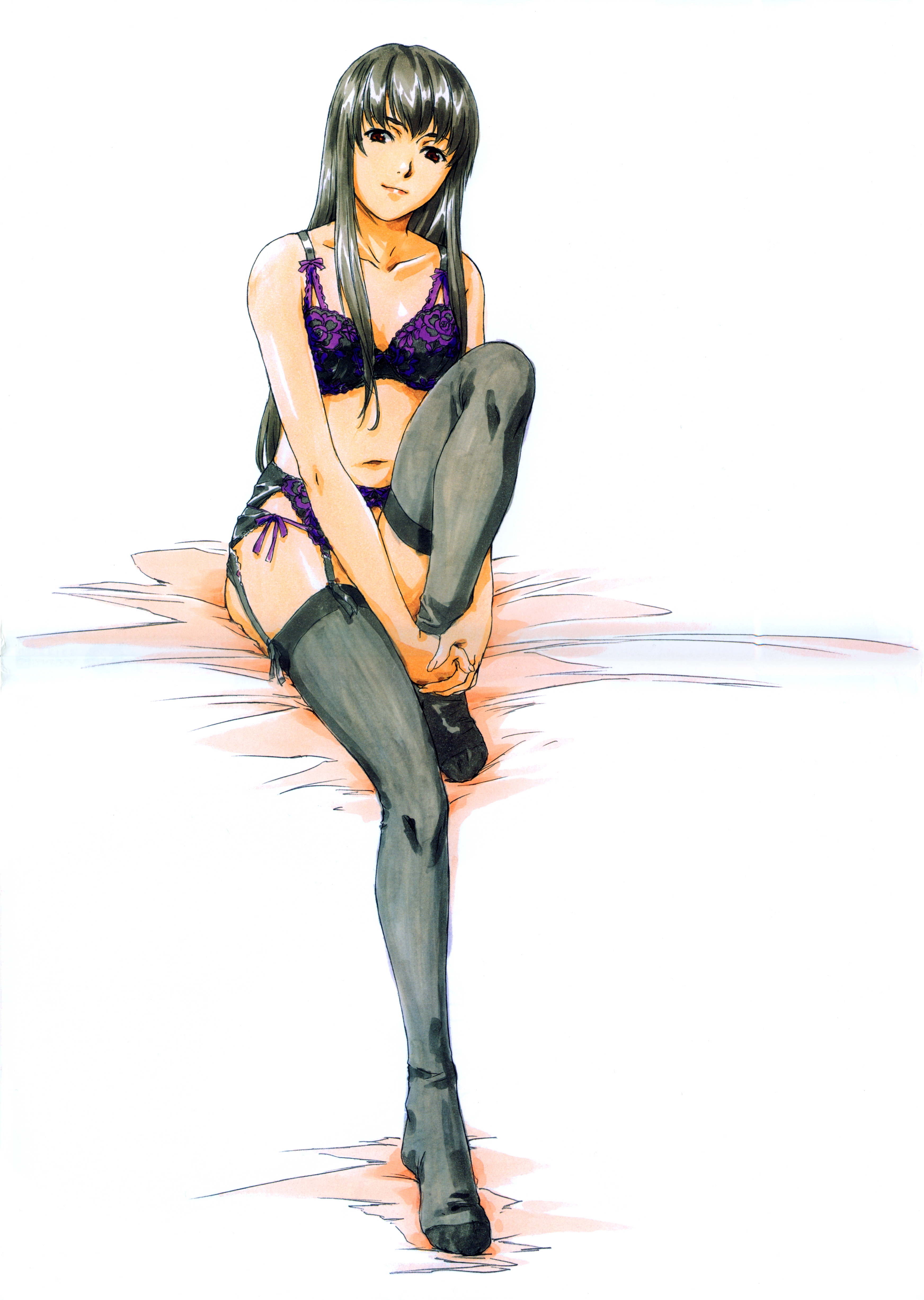 horibe hiderou, original, yours (art book), absurdres, highres, 1girl, black hair, bow, bow bra, bra, female focus, garter belt, lingerie, long hair, panties, side-tie panties, solo, thighhighs, underwear, underwear only