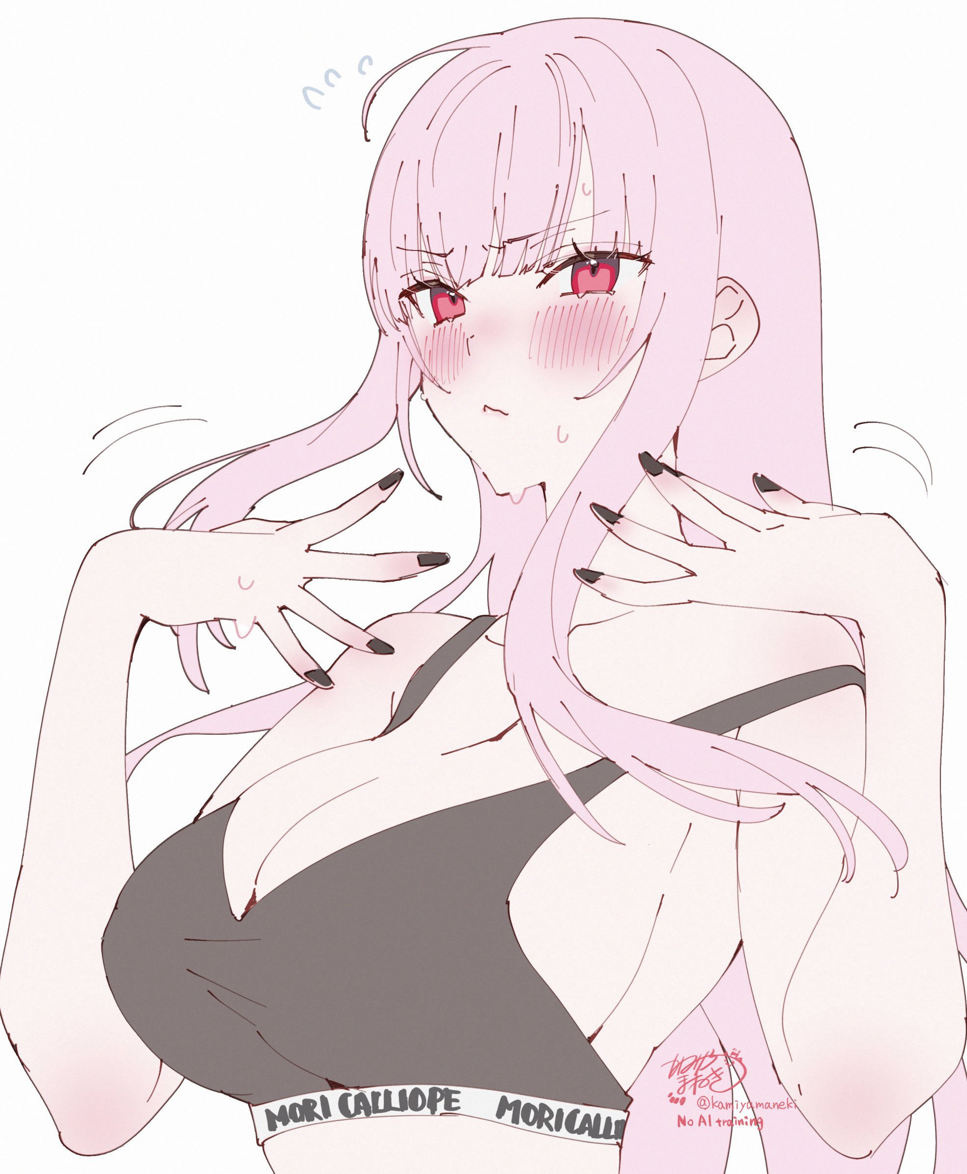 kamiya maneki, mori calliope, hololive, hololive english, commentary, highres, 1girl, :<, artist name, bare shoulders, black nails, black sports bra, blush, breasts, cleavage, closed mouth, collarbone, fingernails, flying sweatdrops, large breasts, long hair, nail polish, pink eyes, pink hair, pink lips, signature, simple background, solo, sports bra, strap slip, sweat, twitter username, virtual youtuber, white background