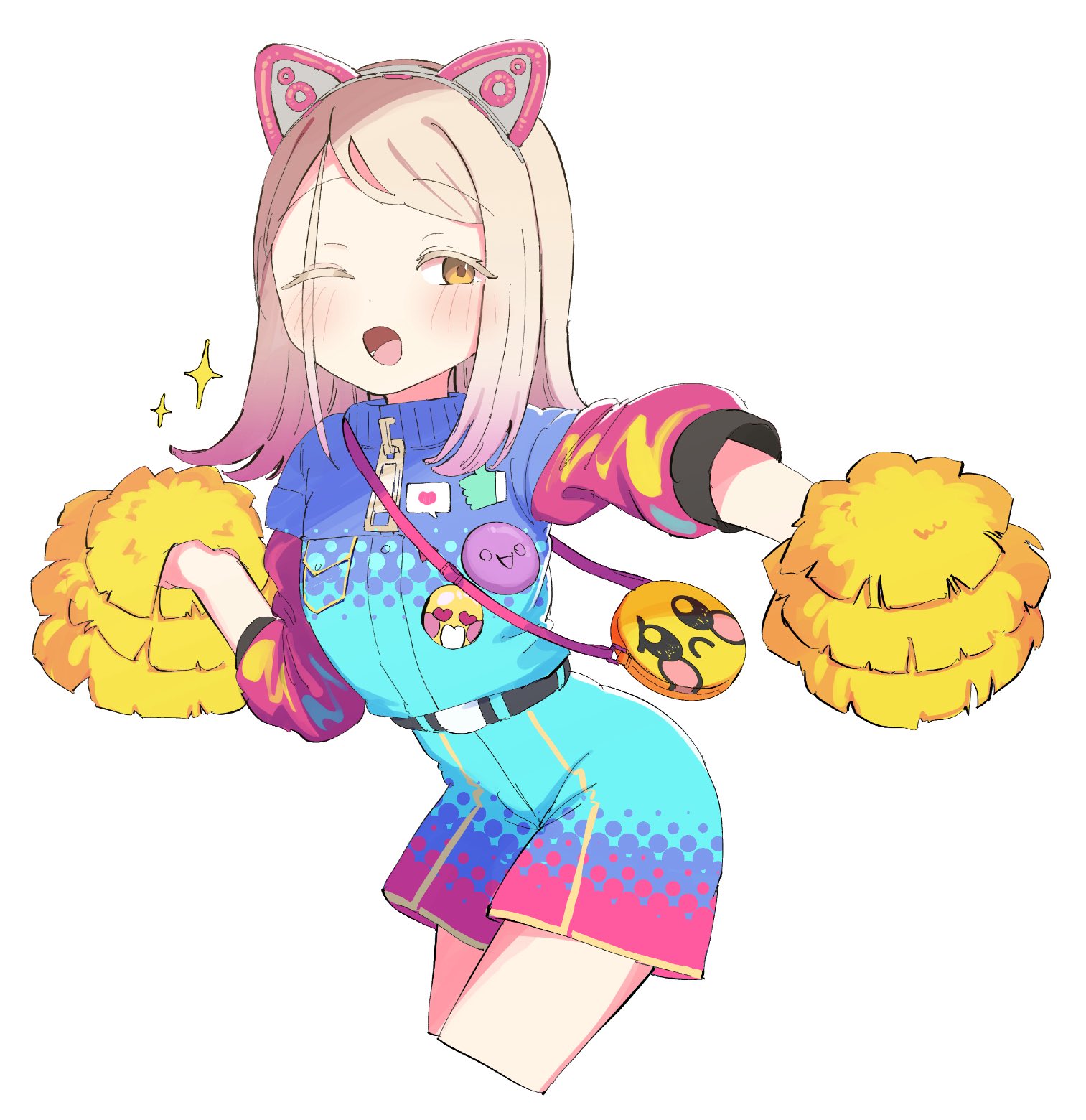 ike rakune, shinosawa hiro, gakuen idolmaster, idolmaster, highres, tagme, 1girl, blonde hair, cheering, gradient hair, long hair, multicolored hair, one eye closed, pom pom (cheerleading), shorts, simple background, white background, yellow eyes