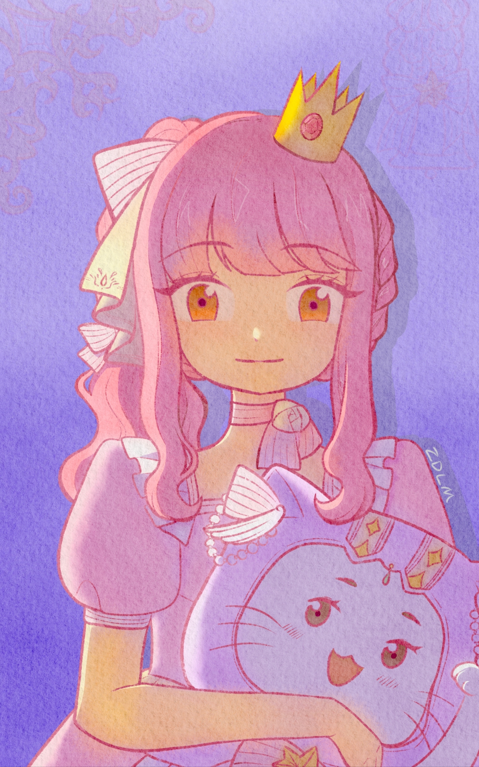 momo (nikki), nikki (nikki), nikki (series), absurdres, highres, 1girl, alternate costume, animal, blunt bangs, bow, bow choker, bowtie, braid, brooch, brown eyes, cat, choker, cloak, closed mouth, cowboy shot, crown, dot nose, dress, ear covers, eyelashes, flower, frilled dress, frills, gown, hair bow, half up half down braid, happy, holding, holding animal, holding cat, hood, hood up, hooded cloak, jewelry, light blush, long hair, looking at viewer, mini crown, mofei (xinjinjumin201230878497), neck flower, open mouth, painterly, pink bow, pink bowtie, pink choker, pink dress, pink hair, puffy short sleeves, puffy sleeves, purple background, purple cloak, rose, shadow, short sleeves, side ponytail, signature, simple background, smile, square neckline, standing, star brooch, striped bow, striped bowtie, striped choker, striped clothes, wavy hair, whiskers, white bow, white cat, white flower, white rose