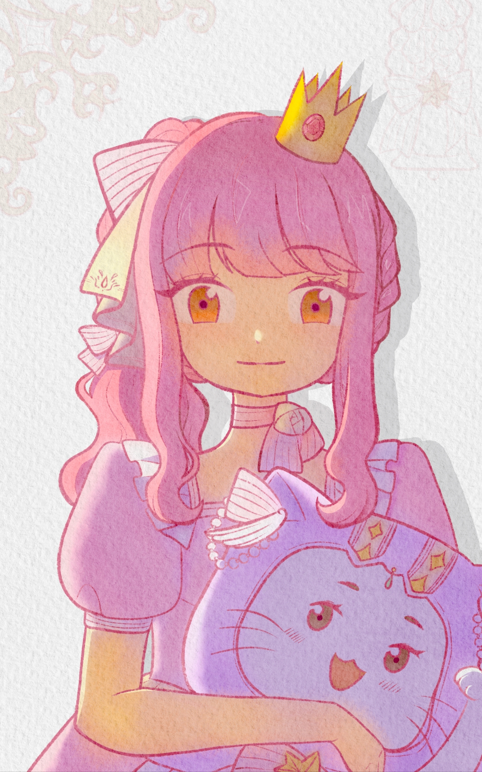 momo (nikki), nikki (nikki), nikki (series), absurdres, highres, 1girl, alternate costume, animal, blunt bangs, bow, bow choker, bowtie, braid, brooch, brown eyes, cat, choker, cloak, closed mouth, cowboy shot, crown, dot nose, dress, ear covers, eyelashes, flower, frilled dress, frills, gown, grey background, hair bow, half up half down braid, happy, holding, holding animal, holding cat, hood, hood up, hooded cloak, jewelry, light blush, long hair, looking at viewer, mini crown, mofei (xinjinjumin201230878497), neck flower, open mouth, painterly, pink bow, pink bowtie, pink choker, pink dress, pink hair, puffy short sleeves, puffy sleeves, purple cloak, rose, shadow, short sleeves, side ponytail, signature, simple background, smile, square neckline, standing, star brooch, striped bow, striped bowtie, striped choker, striped clothes, wavy hair, whiskers, white bow, white cat, white flower, white rose