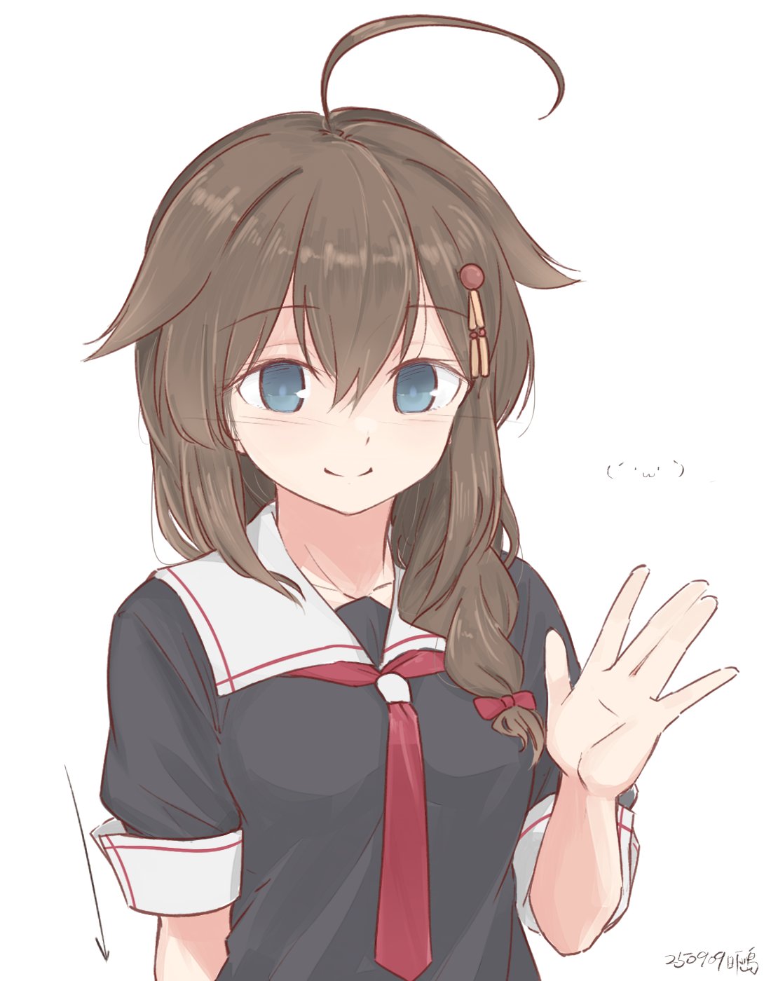 hikashima (shiofune), shigure (kancolle), shigure kai ni (kancolle), kantai collection, highres, 1girl, ahoge, black hair, black serafuku, black shirt, blue eyes, braid, hair flaps, hair over shoulder, long hair, neckerchief, red neckerchief, sailor collar, sailor shirt, school uniform, serafuku, shirt, simple background, single braid, smile, solo, upper body, waving, white background, white sailor collar