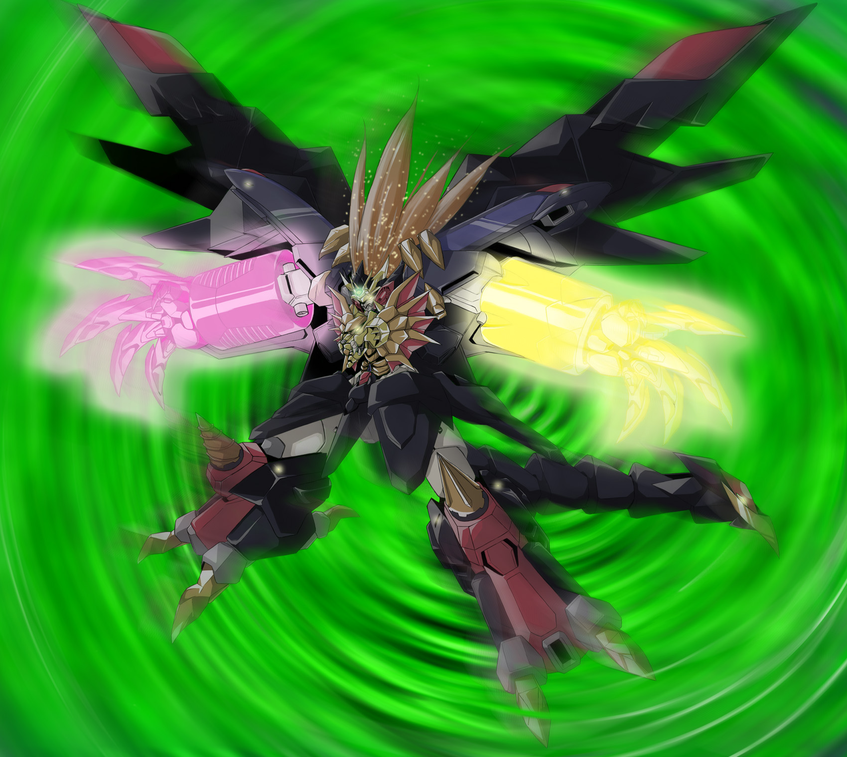 hell and heaven, gaogaigar, genesic gaogaigar, yuusha ou gaogaigar, yuusha series, highres, 1990s (style), mecha, no humans, retro artstyle, robot, super robot
