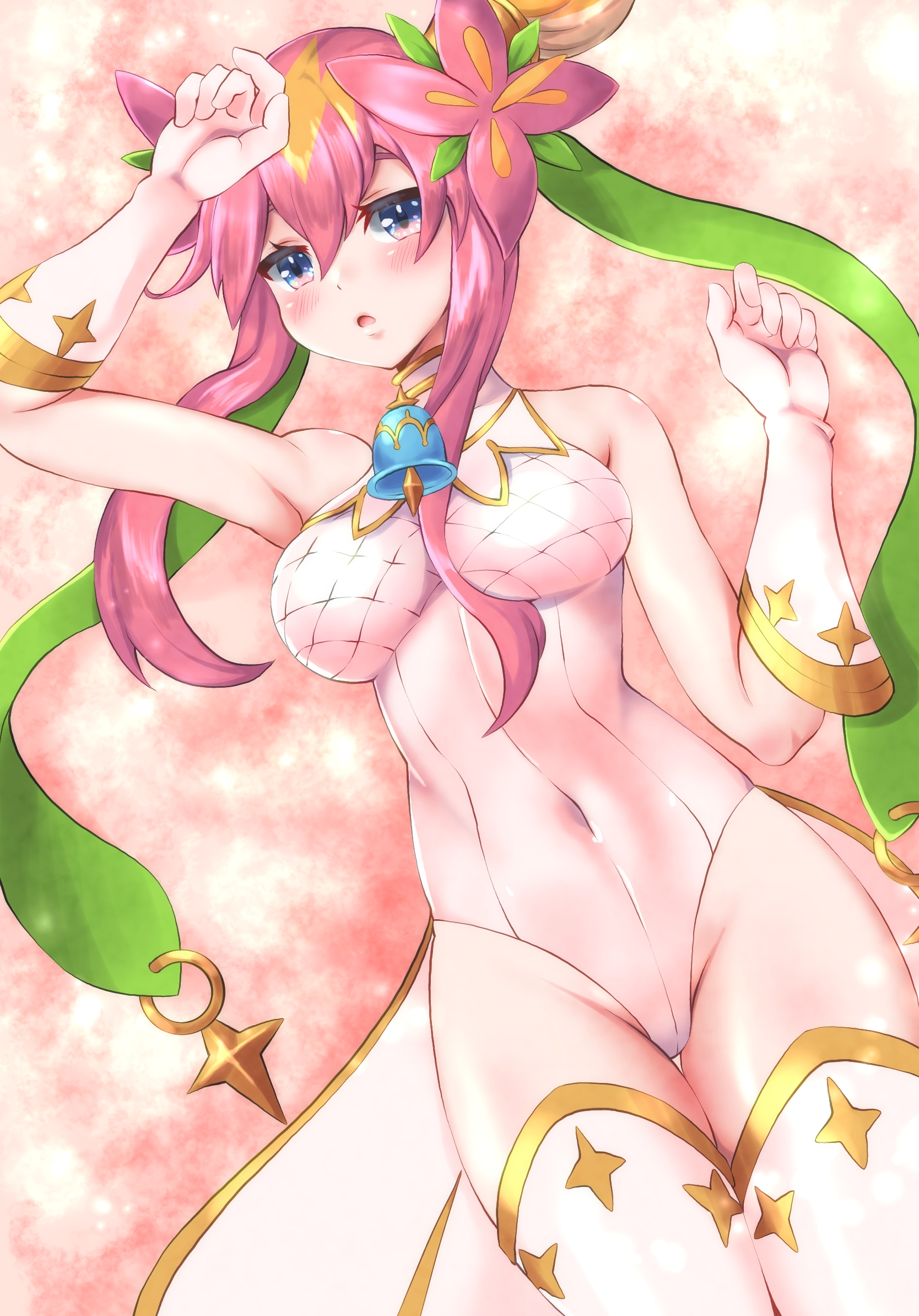 musan (mu34mi), duel masters, highres, 1girl, bare shoulders, bell, blonde hair, blue eyes, covered navel, elbow gloves, flower, gloves, gold trim, green hair ornament, hair flower, hair ornament, leotard, long hair, lying, multicolored eyes, multicolored hair, neck bell, on back, open mouth, pink eyes, pink hair, rafululu love (duel masters), sidelocks, solo, thighhighs, white gloves, white leotard, white thighhighs