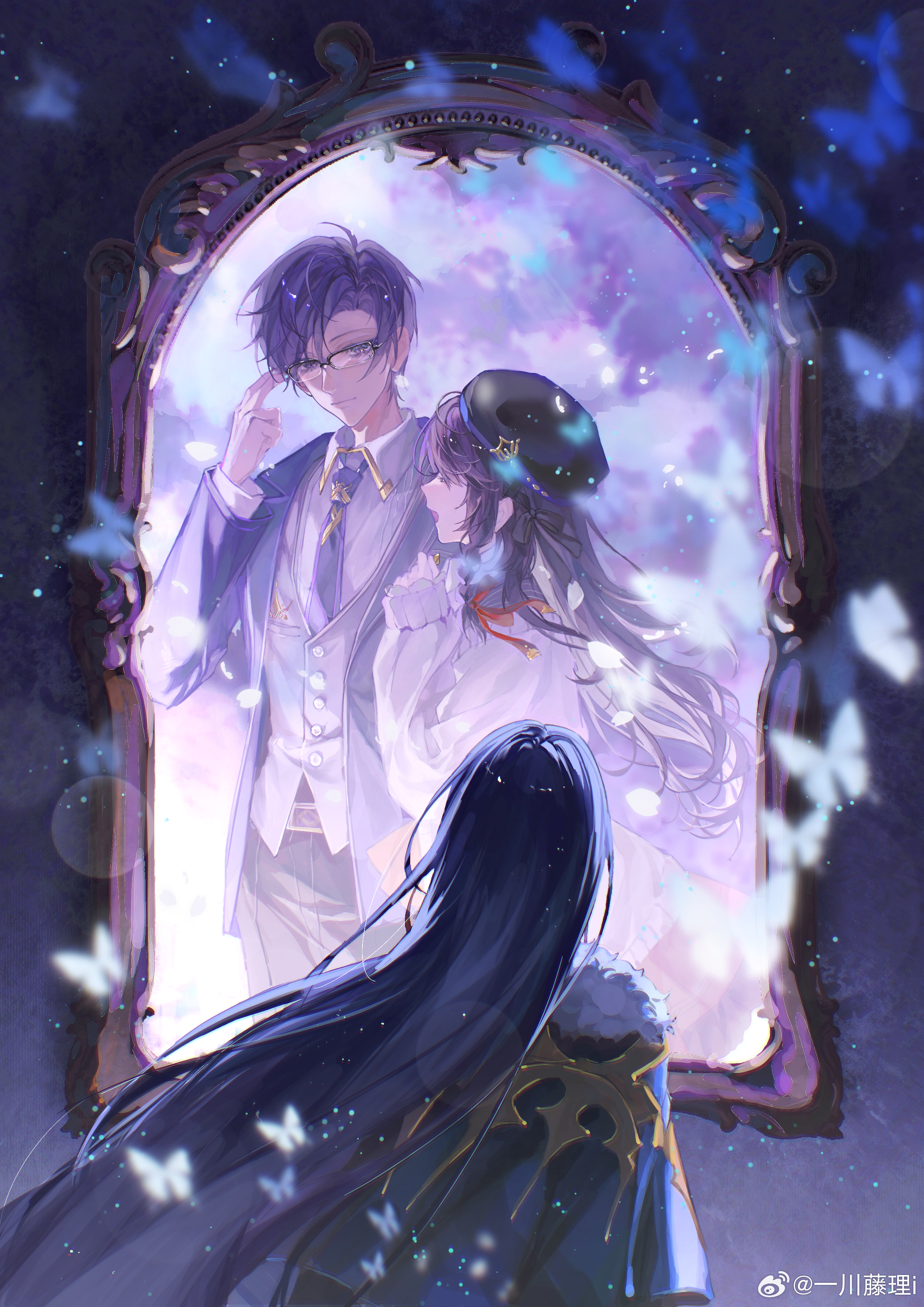 yichuan tengli, clarence clayden, clarence clayden (godheim), heroine (lovebrush chronicles), lovebrush chronicles, absurdres, chinese commentary, highres, 1girl, 2boys, :d, ^ ^, adjusting eyewear, beret, black cape, black hair, black hat, black pants, blazer, blue eyes, blue hair, blue jacket, blue necktie, braid, bug, butterfly, cape, cardigan, closed eyes, closed mouth, collared shirt, cowboy shot, curtained hair, dual persona, facing away, fur-trimmed cape, fur trim, glasses, grey vest, hair between eyes, hair ribbon, hat, insect, jacket, lens flare, light particles, long hair, long sleeves, looking at another, mole, mole under eye, multiple boys, necktie, open clothes, open jacket, open mouth, own hands together, pants, picture frame, red ribbon, red skirt, ribbon, shirt, short hair, side-by-side, side braid, skirt, smile, swept bangs, upper body, very long hair, vest, wallpaper (object), watermark, weibo watermark, white butterfly, white cardigan, white shirt