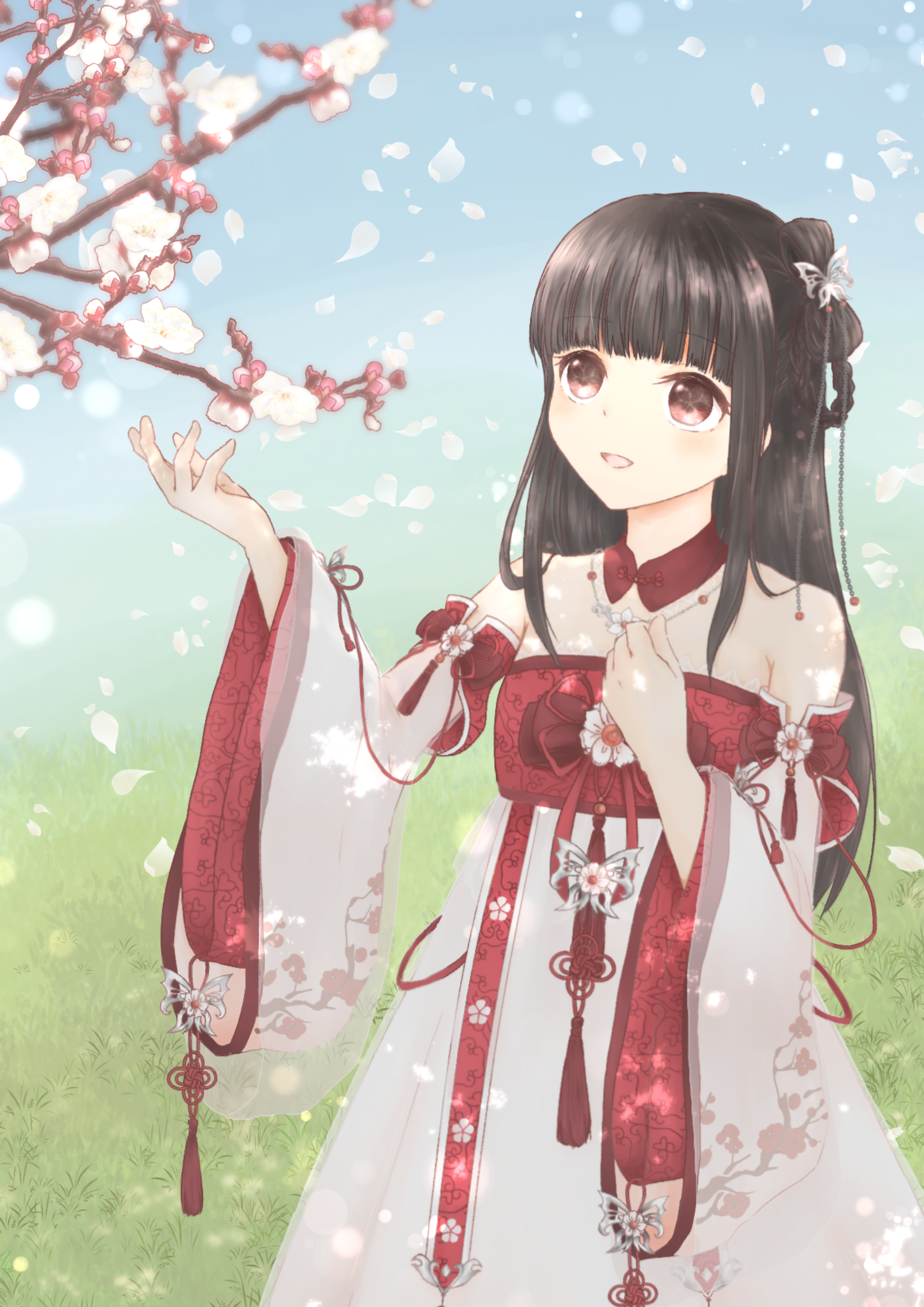nikki (series), shining nikki, absurdres, commentary request, highres, 1girl, akio (sn-tnm), bare shoulders, blue sky, blunt bangs, bow, bow-shaped hair, bowtie, braid, braided hair rings, branch, brown eyes, brown hair, bud, cherry blossoms, chinese clothes, collar, cowboy shot, detached collar, detached sleeves, dot nose, dress, eyelashes, falling petals, floral print, flower, flower knot, flower necklace, flowery silhouette (shining nikki), grass, hair rings, hand on own chest, jewelry, light blush, long hair, long sleeves, necklace, open mouth, outstretched hand, petals, red bow, red bowtie, red collar, red dress, red ribbon, ribbon, sidelocks, single hair ring, sky, sleeve bow, sleeve ribbon, smile, solo, spring (season), standing, straight hair, strapless, strapless dress, tassel, two-tone dress, white dress, white flower, white sleeves, wide sleeves