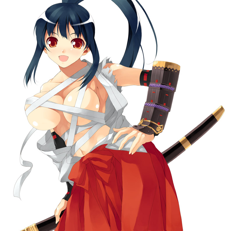 seka, shirota dai, bushidou (sekaiju), bushidou 2 (sekaiju), atlus, etrian odyssey, 1girl, breasts, female focus, hakama, hakama skirt, japanese clothes, large breasts, ponytail, red hakama, sarashi, skirt, solo
