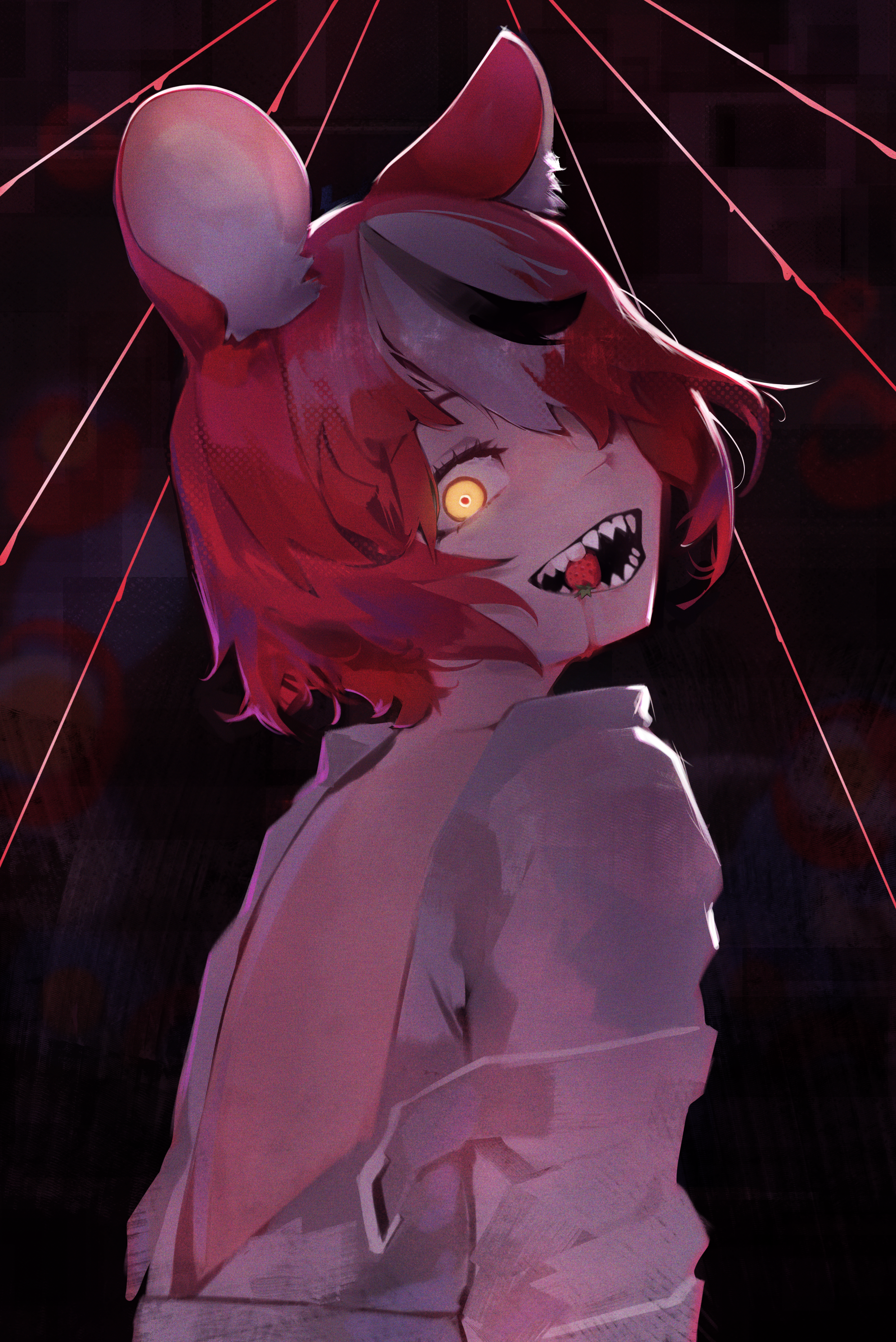 namiorii, hakos baelz, hololive, hololive english, absurdres, commentary, english commentary, highres, 1girl, animal ears, black hair, crazy grin, hair over one eye, looking at viewer, mouse ears, mouse girl, multicolored hair, open mouth, psycho (hololive), red hair, sharp teeth, solo, straitjacket, streaked hair, teeth, upper body, virtual youtuber, white hair, yellow eyes