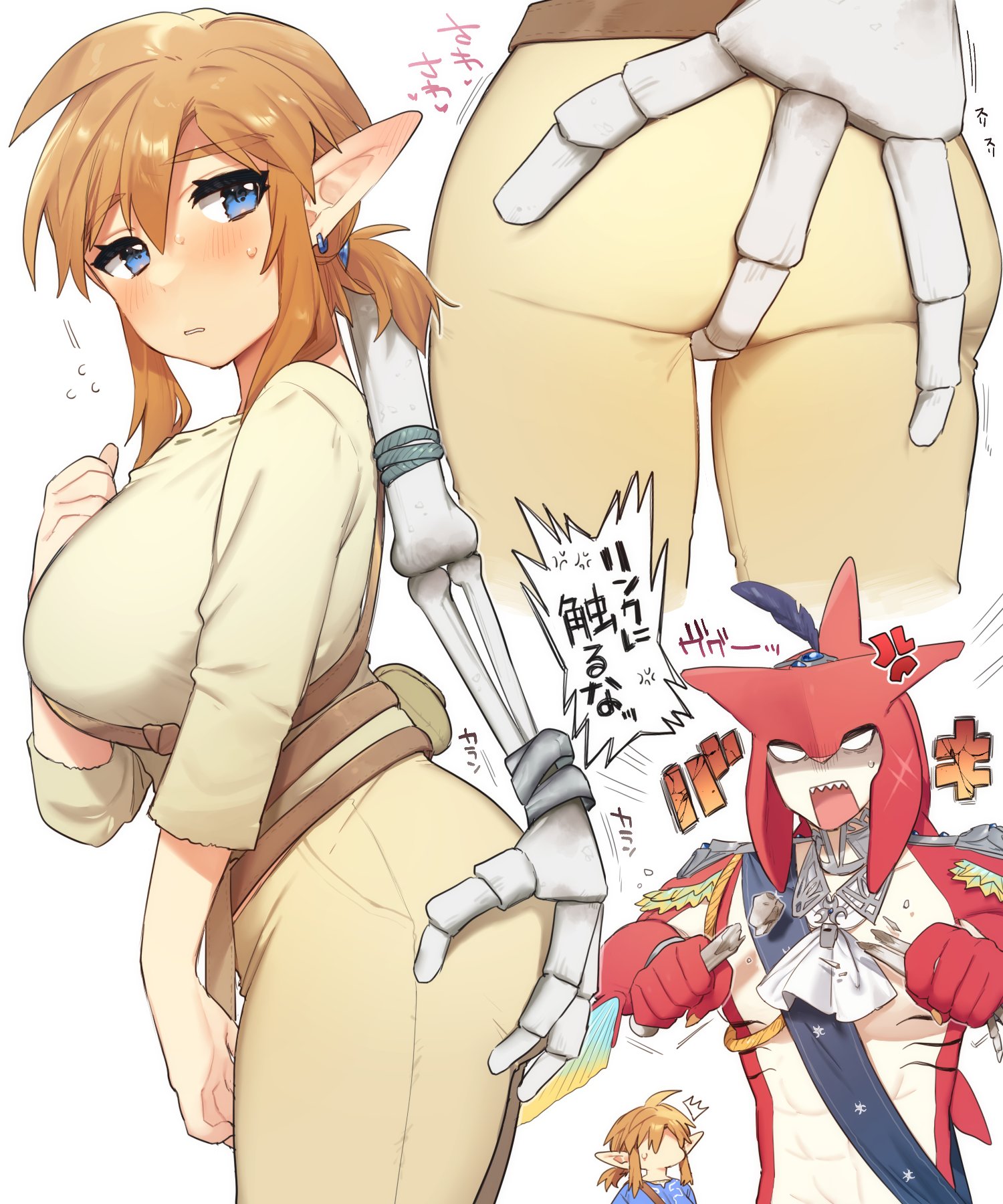 ttanuu., link, sidon, nintendo, the legend of zelda, the legend of zelda: breath of the wild, commentary request, highres, 1boy, 1girl, blonde hair, blush, breasts, colored skin, fish boy, genderswap, genderswap (mtf), grabbing another's ass, groping, large breasts, pants, pointy ears, red skin, skeletal arm, zora