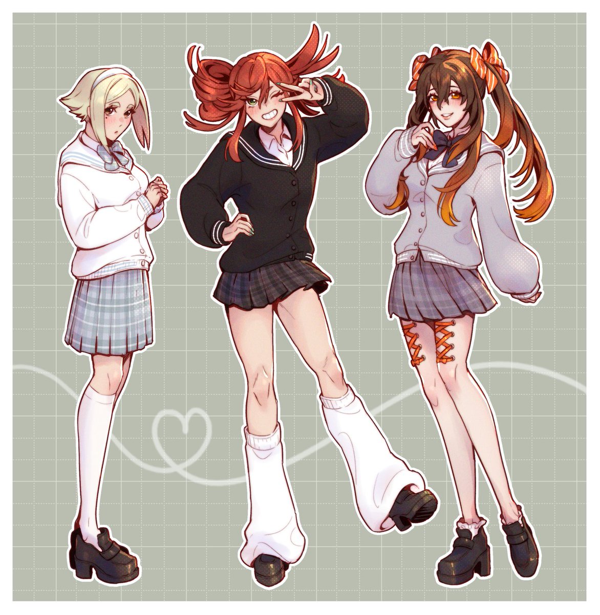 eishia stilza, riyo reaper, gachiakuta, commentary, highres, symbol-only commentary, 3girls, amo empool, black cardigan, black shoes, black skirt, blonde hair, blue skirt, bow, cardigan, corset piercing, diagonal-striped bow, full body, grey cardigan, grey skirt, hair bow, hand up, leg warmers, looking at viewer, multiple girls, open mouth, orange bow, pleated skirt, red hair, school uniform, shoes, short hair, skirt, smile, socks, striped bow, twintails, umesouda, v, white cardigan, white leg warmers, white socks
