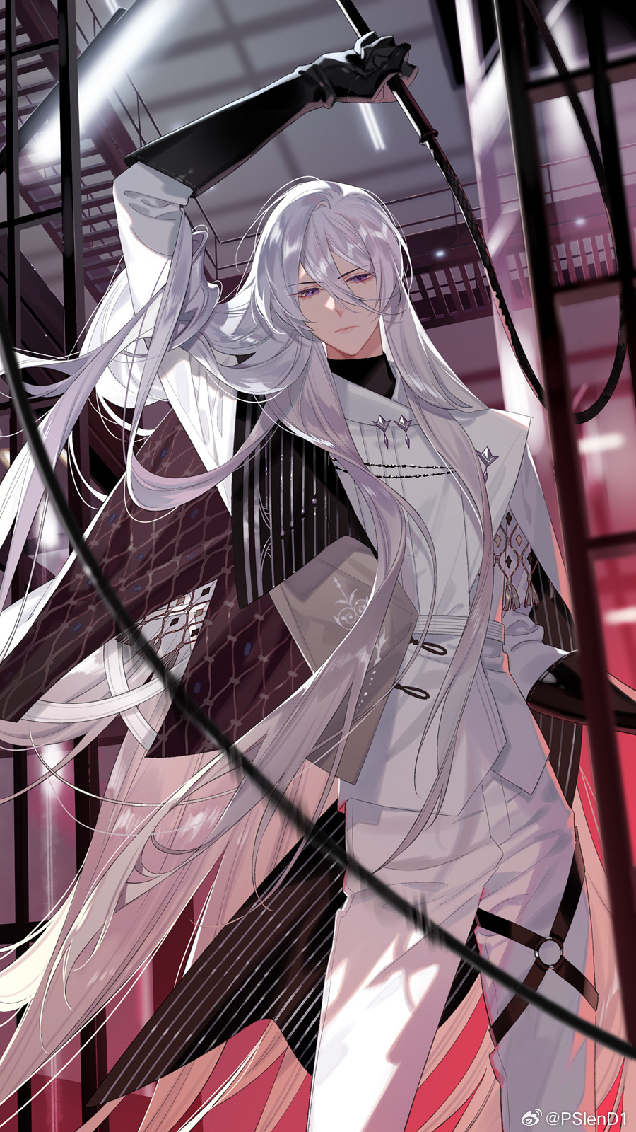psd (psdgai), cael anselm, lovebrush chronicles, chinese commentary, highres, official art, 1boy, argyle clothes, arm up, black cape, black gloves, black shirt, cael anselm (deimortem era), cape, catwalk (walkway), ceiling light, closed mouth, cowboy shot, elbow gloves, frown, gloves, hair between eyes, holding, holding whip, indoors, jacket, long bangs, long hair, long hair between eyes, long sleeves, looking at viewer, male focus, motion blur, o-ring, o-ring thigh strap, pants, purple eyes, shirt, side cape, solo, standing, striped cape, tassel, thigh strap, truss, turtleneck, turtleneck shirt, two-sided cape, two-sided fabric, very long hair, watermark, weibo watermark, whipping, white cape, white hair, white jacket, white pants