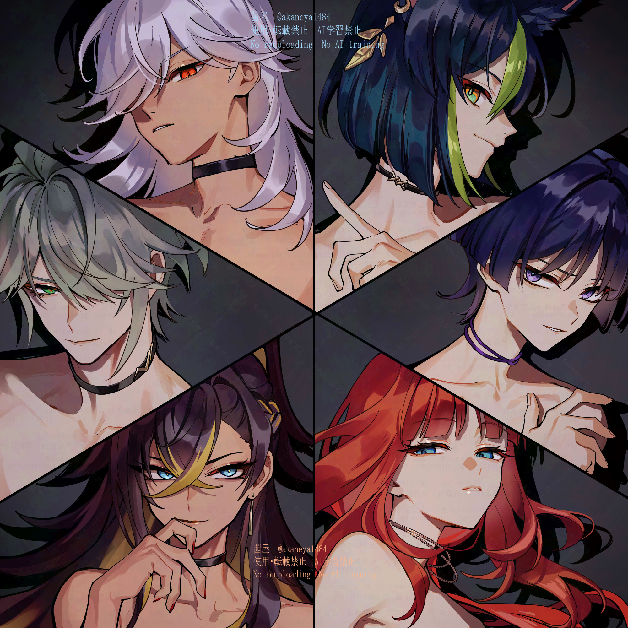 ojo aa, alhaitham (genshin impact), cyno (genshin impact), dehya (genshin impact), nilou (genshin impact), scaramouche (genshin impact), tighnari (genshin impact), genshin impact, commentary request, highres, 2girls, 4boys, animal ear fluff, animal ears, bare shoulders, bead necklace, beads, black choker, black hair, blonde hair, blue eyes, blunt bangs, blunt ends, braid, bright pupils, choker, closed mouth, collarbone, crossed bangs, curled fingers, dark-skinned female, dark-skinned male, dark skin, drop shadow, earrings, eyeliner, eyeshadow, fox ears, gold, green eyes, green hair, grey background, grey hair, hair between eyes, hair over one eye, hair pulled back, half up braid, hand up, index finger raised, jewelry, long hair, looking at viewer, lower eyelashes only, makeup, multicolored hair, multiple boys, multiple girls, necklace, orange eyes, parted lips, pink lips, purple choker, purple eyes, purple hair, red eyeliner, red eyeshadow, red hair, red nails, red pupils, sidelocks, smile, streaked hair, swept bangs, tsurime, twitter username, watermark, white hair, white mouth, white pupils, wispy bangs