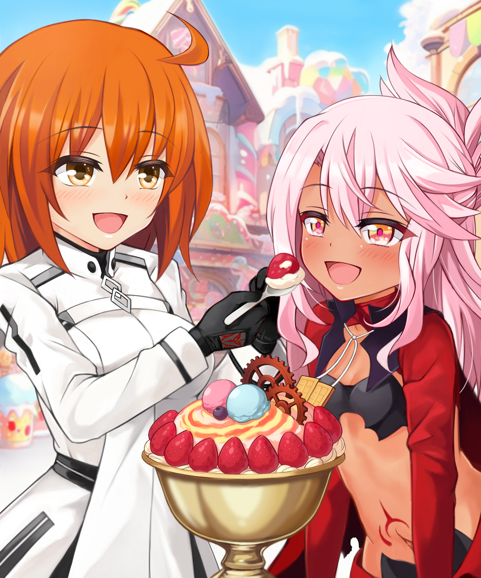 mochi (k620803n), chloe von einzbern, fujimaru ritsuka (female), fate/grand order, fate (series), highres, 2girls, ahoge, breasts, dark-skinned female, dark skin, feeding, food, fruit, long hair, multiple girls, open mouth, orange eyes, orange hair, pink hair, smile, stomach tattoo, tattoo