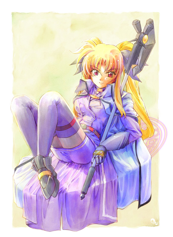 main, bardiche (assault form) (nanoha), bardiche (nanoha), fate testarossa, fate testarossa (impulse form), lyrical nanoha, mahou shoujo lyrical nanoha, mahou shoujo lyrical nanoha strikers, 00s, 1girl, blonde hair, cape, female focus, formal clothes, gauntlets, long hair, magic circle, magical girl, red eyes, sitting, solo, suit, thighhighs, twintails, zettai ryouiki
