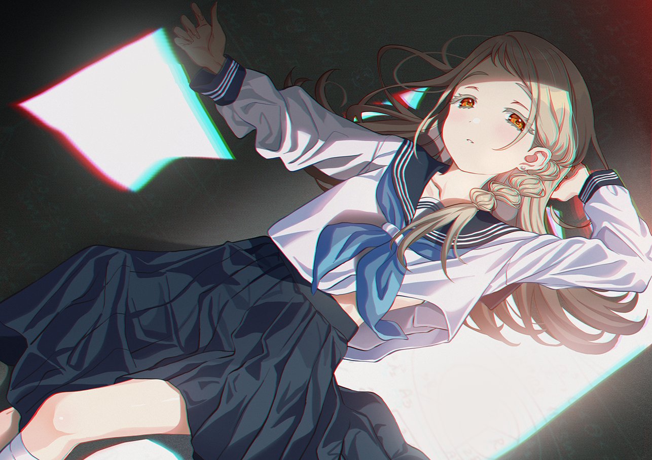 aora, shinosawa hiro, gakuen idolmaster, idolmaster, commentary request, 1girl, arm behind head, black sailor collar, black skirt, blonde hair, blue neckerchief, braid, breasts, chromatic aberration, collarbone, colored eyelashes, earrings, feet out of frame, flipped hair, hatsuboshi gakuen school uniform, jewelry, light blush, long hair, long sleeves, looking at viewer, lying, midriff peek, neckerchief, on back, orange eyes, parted lips, pleated skirt, sailor collar, school uniform, serafuku, shirt, side braid, single braid, skirt, small breasts, socks, solo, stud earrings, swept bangs, white shirt, white socks