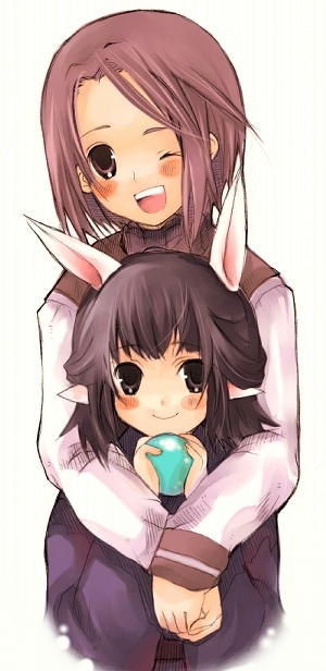 2girls, ahoge, animal ears, black hair, blush, brown eyes, brown hair, height difference, hug, hug from behind, long sleeves, looking at viewer, multiple girls, rabbit ears, simple background, smile, white background