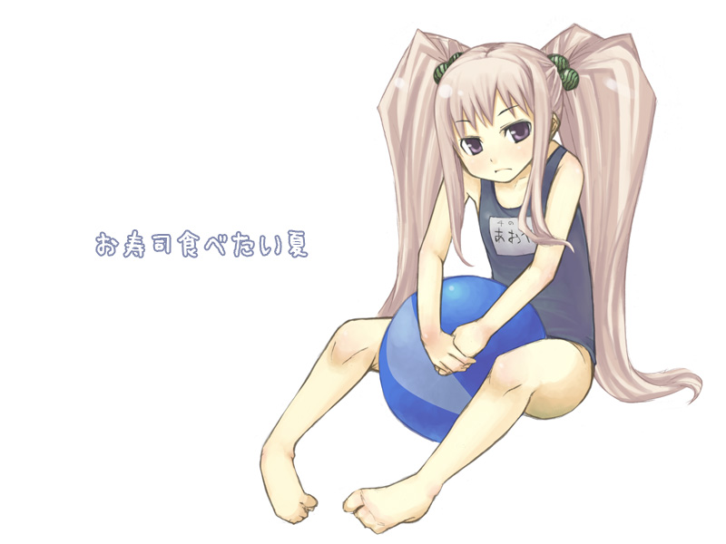 souzan kurasuke, original, 1girl, ball, beachball, black one-piece swimsuit, female focus, name tag, one-piece swimsuit, school swimsuit, solo, swimsuit, twintails