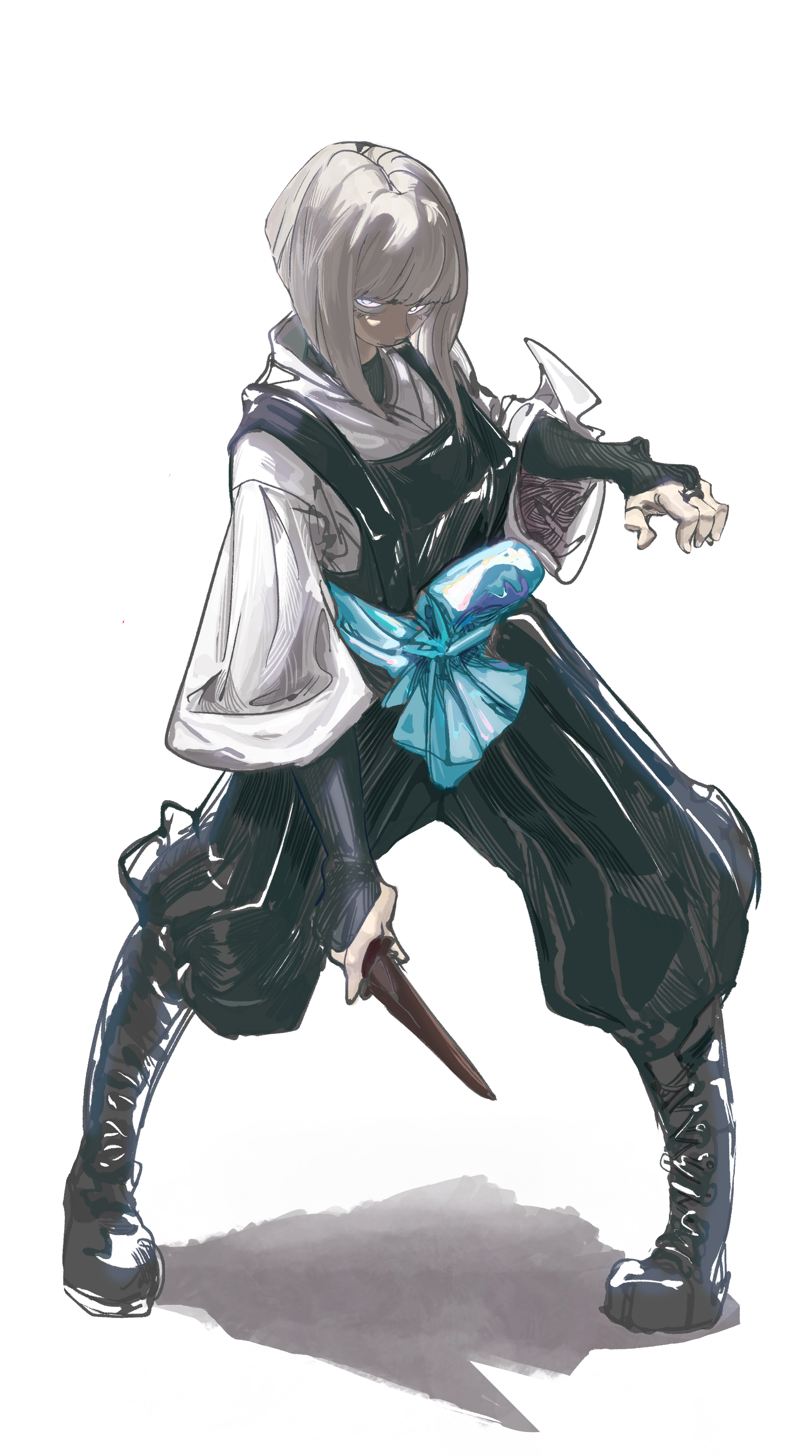 gachiakuta, absurdres, highres, 1girl, black boots, black bridal gauntlets, black gloves, black hakama, black pants, bob cut, boots, bridal gauntlets, dagger, full body, gloves, hakama, hakama pants, holding, holding dagger, holding knife, holding weapon, hyou (gachiakuta), inverted bob, japanese clothes, kijin other, kimono, knife, pants, short hair, simple background, solo, weapon, white background, white eyes, white hair, white kimono, wide sleeves
