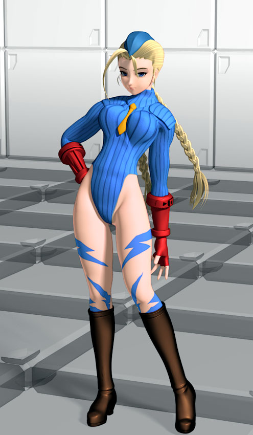name, name (nahopa!), cammy white, capcom, street fighter, street fighter zero (series), 1990s (style), 1girl, 3d, blonde hair, blue eyes, blue leotard, braid, female focus, garrison cap, hat, leotard, retro artstyle, sleeved leotard, solo, twin braids
