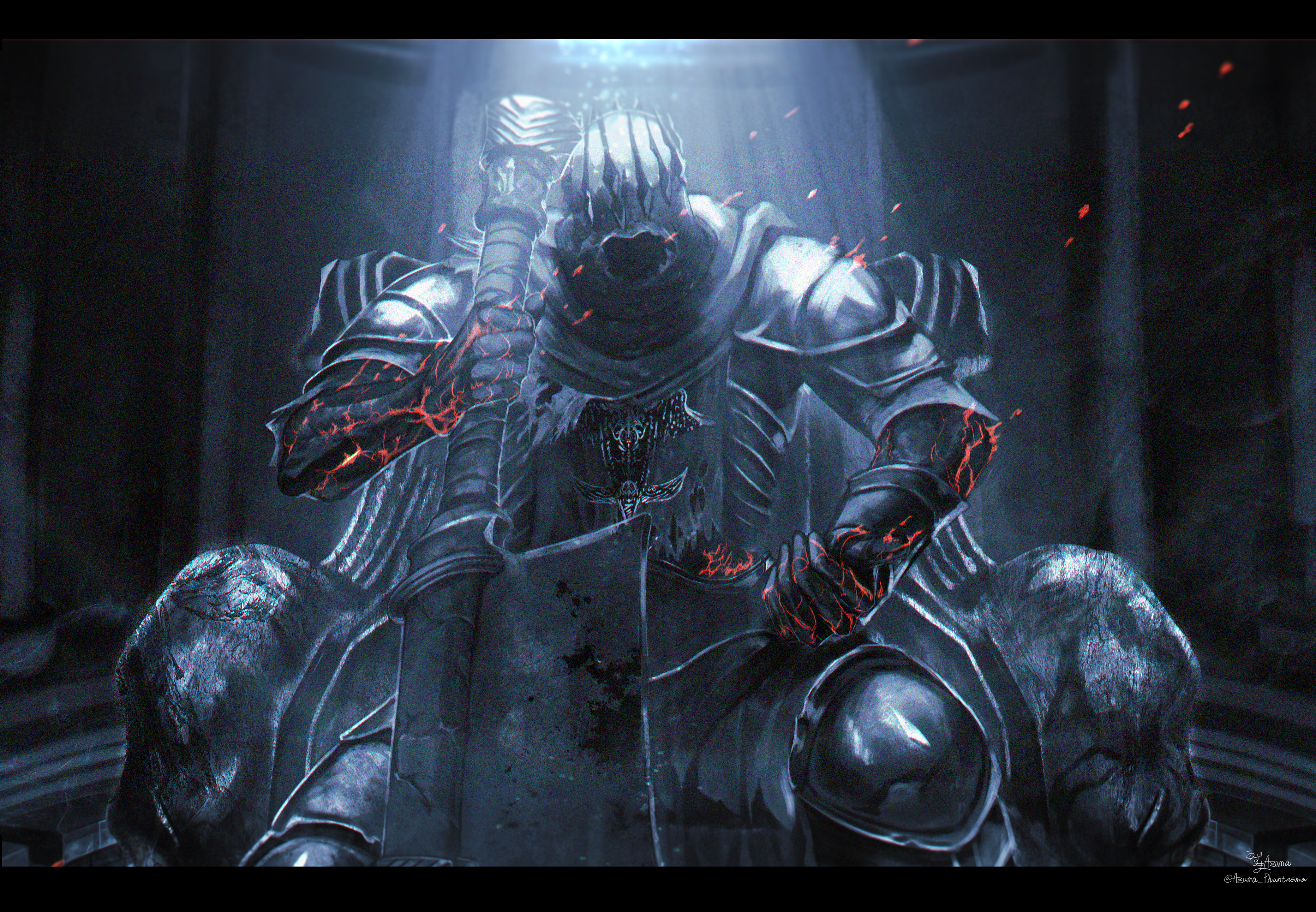 amazuya azuma, yhorm the giant, dark souls (series), dark souls iii, fromsoftware, absurdres, highres, armor, breastplate, crown, embers, fire, full armor, gauntlets, giant, helmet, holding, holding sword, holding weapon, knight, shoulder armor, sword, weapon, yhorm's great machete