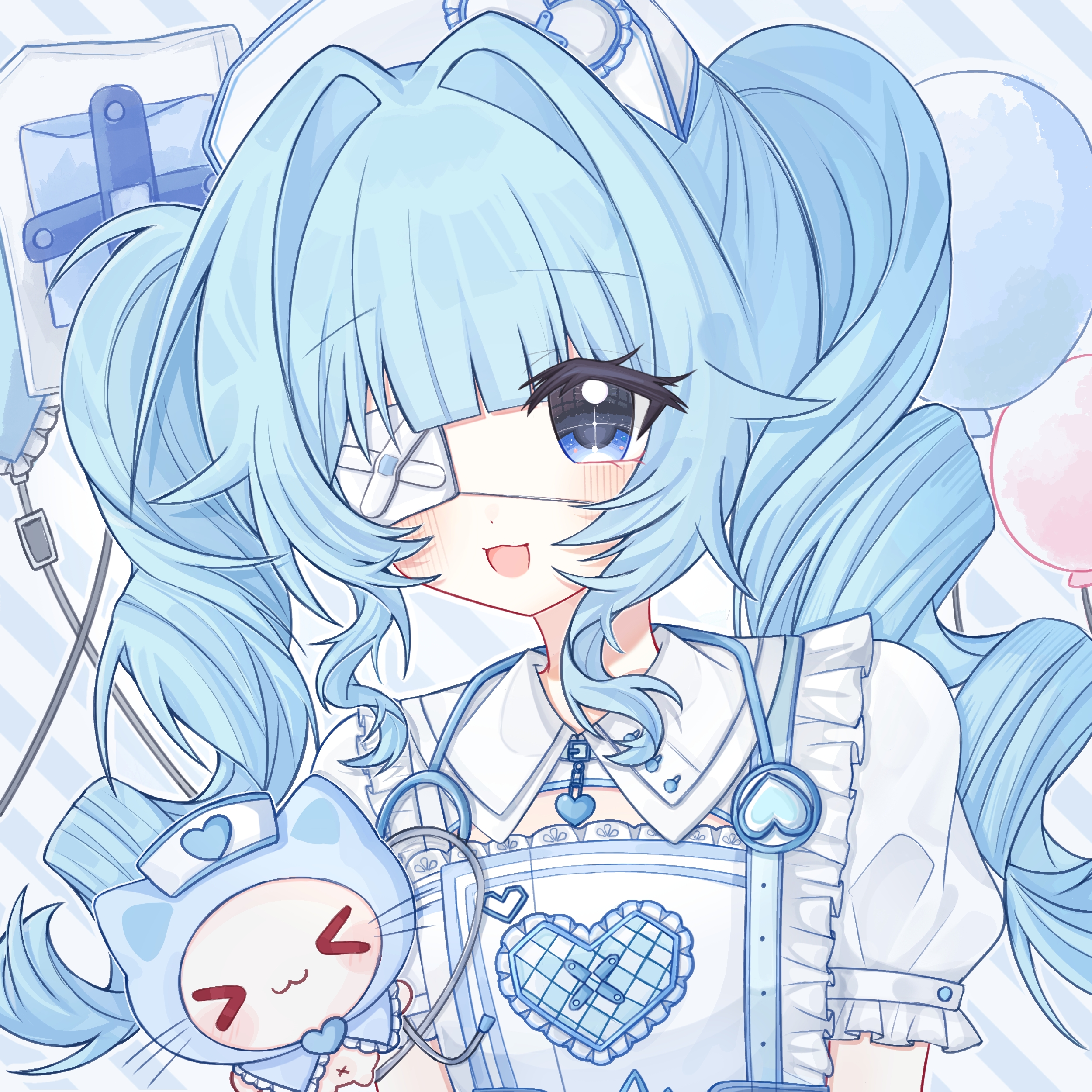 momo (nikki), sweet diagnosis (infinity nikki), infinity nikki, nikki (series), absurdres, highres, > <, 1girl, alternate color, alternate costume, animal, balloon, belt, belt buckle, belt collar, blood, blood bag, blue background, blue belt, blue blood, blue cloak, blue eyes, blue hair, blue theme, brooch, buckle, cat, cloak, closed mouth, clothed animal, collar, collared dress, dot nose, dress, drill hair, ear covers, eyelashes, eyepatch, frilled cloak, frilled dress, frilled sleeves, frills, hair intakes, hat, heart, heart brooch, heart collar, heart print, hood, hood up, hooded cloak, intravenous drip, jewelry, light blush, long hair, medical eyepatch, naiyou xiaren yang, navel, nurse, nurse cap, open mouth, puffy short sleeves, puffy sleeves, short sleeves, sidelocks, smile, sparkling eyes, stethoscope, striped background, twin drills, twintails, upper body, whiskers, white background, white cat, white dress, white hat