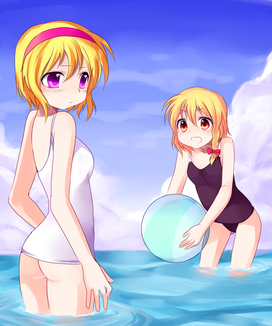subaru (yachika), alice margatroid, kirisame marisa, touhou, 2girls, blonde hair, female focus, multiple girls, one-piece swimsuit, swimsuit