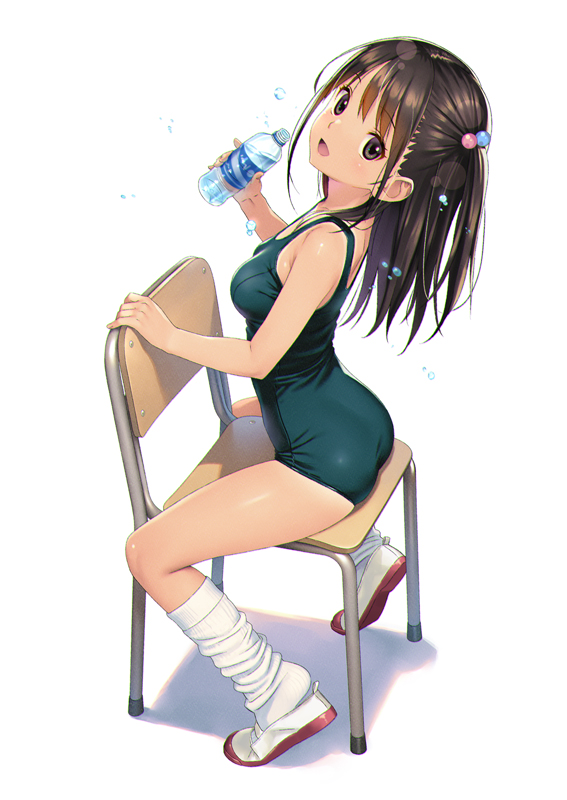 koutaro, original, commentary request, 1girl, ass, black hair, blue one-piece swimsuit, bottle, brown eyes, chair, full body, looking at viewer, loose socks, one-piece swimsuit, school swimsuit, shoes, simple background, sitting, sitting backwards, smile, socks, solo, swimsuit, two side up, uwabaki, white background, white socks