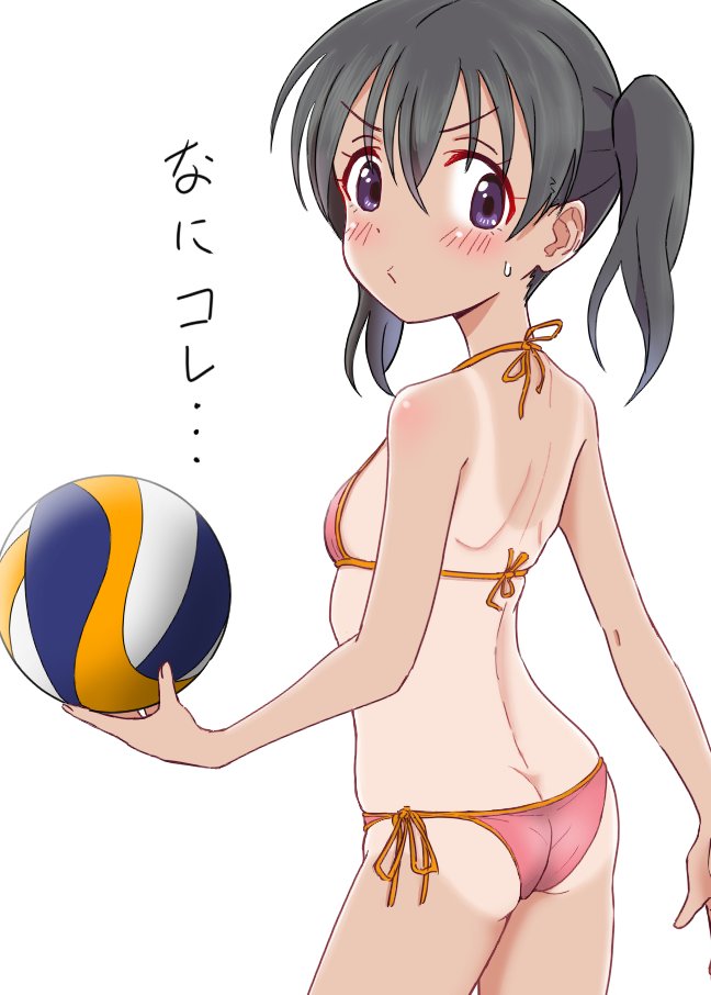 sin rg, kuraue hinata, yama no susume, hashtag-only commentary, translation request, 1girl, ass, back, ball, bare shoulders, beachball, bikini, black hair, blush, breasts, closed mouth, cowboy shot, hair between eyes, holding, holding ball, looking at viewer, pink bikini, purple eyes, short twintails, simple background, small breasts, solo, string bikini, swimsuit, twintails, white background