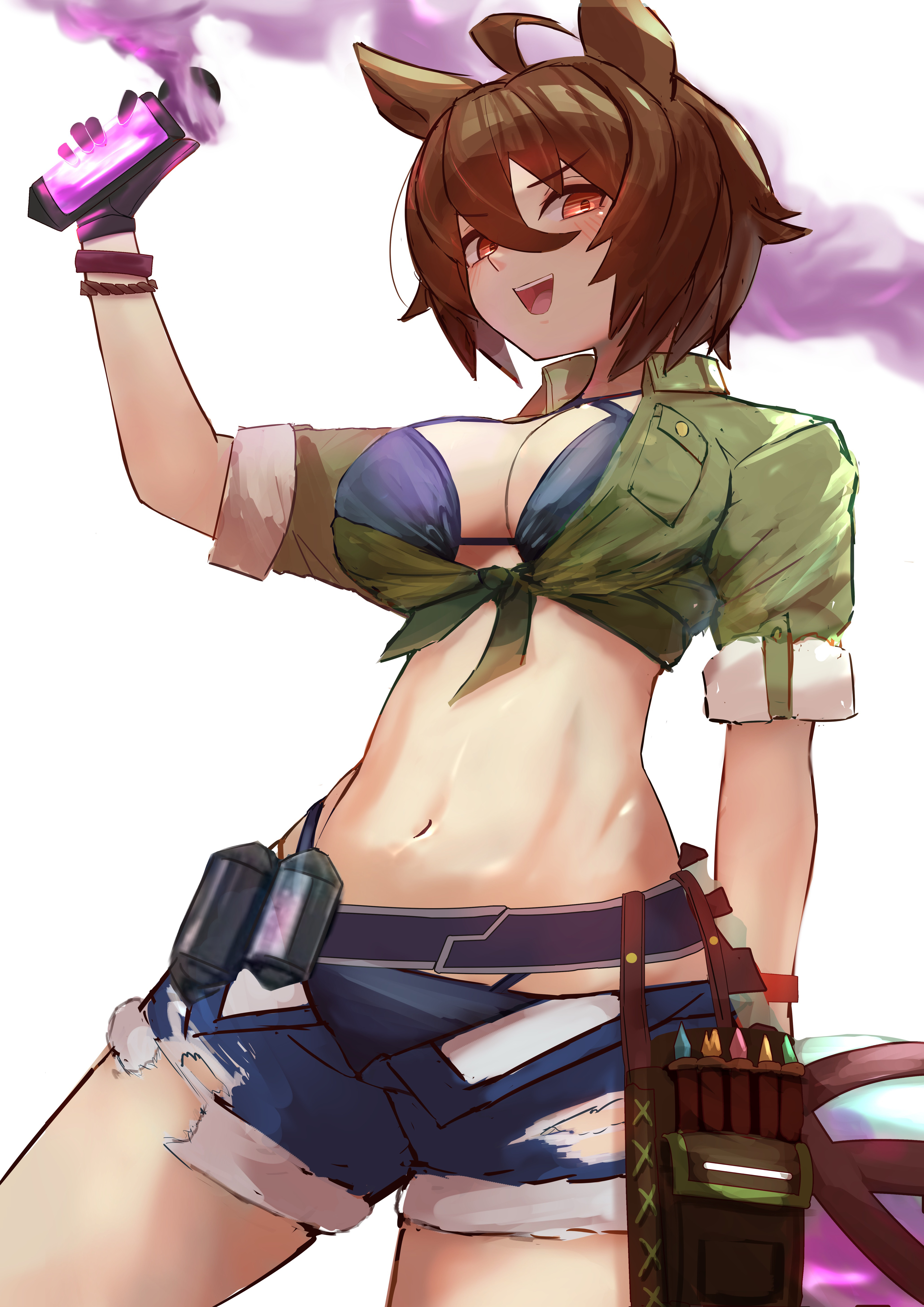 rakasei5050, agnes tachyon (lunatic lab) (umamusume), agnes tachyon (umamusume), umamusume, absurdres, commentary request, highres, 1girl, ahoge, animal ears, bikini, breasts, brown eyes, brown hair, cleavage, collarbone, cowboy shot, gloves, green jacket, groin, hair between eyes, hair ribbon, horse ears, horse girl, horse tail, jacket, large breasts, long hair, navel, official alternate costume, open clothes, open fly, open mouth, open shorts, ribbon, short shorts, shorts, simple background, single glove, smile, solo, swimsuit, swimsuit under clothes, tail, thigh strap, tied jacket, white background