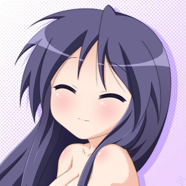 rodori gesu, hiiragi miki, lucky star, 00s, 1girl, female focus, smile, solo, topless frame, upper body