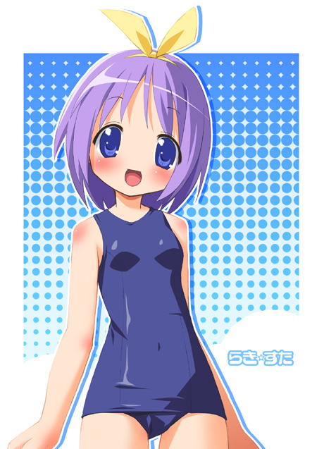pu-en, hiiragi tsukasa, lucky star, 00s, one-piece swimsuit, school swimsuit, solo, swimsuit