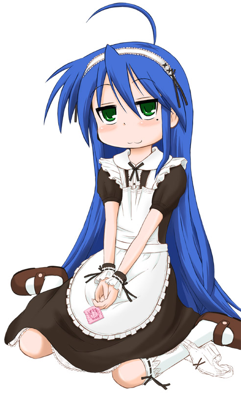 furiri, izumi konata, lucky star, 00s, 1girl, alternate costume, blue hair, blush, condom, enmaided, female focus, green eyes, maid, mole, mole under eye, panties, panties around leg, simple background, solo, underwear