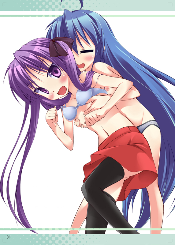 nullken, hiiragi kagami, izumi konata, lucky star, black legwear, 00s, 2girls, ahoge, blue hair, blush, bra, bra lift, breasts, female focus, grabbing another's breast, groping, long hair, mole, mole under eye, multiple girls, navel, nipples, open mouth, page number, panties, purple eyes, purple hair, red skirt, skirt, small breasts, thighhighs, topless female, underwear, underwear only, very long hair, yuri, zettai ryouiki
