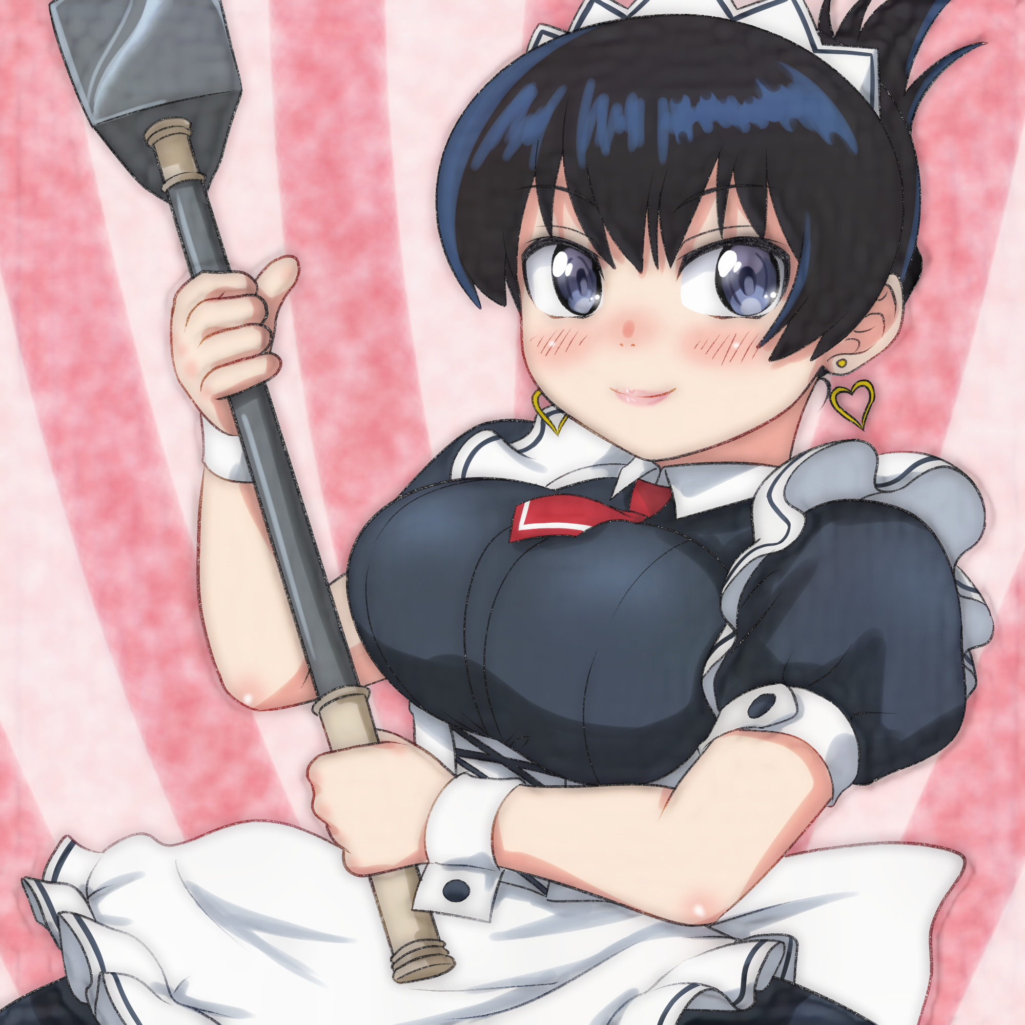 t jiroo (ringofriend), arato nagi, ruri no houseki, 1girl, apron, black dress, black hair, blush, breasts, dress, earrings, folded ponytail, grey eyes, hammer, heart, heart earrings, holding, holding hammer, jewelry, large breasts, looking at viewer, maid, maid apron, maid headdress, necktie, pink background, ponytail, puffy sleeves, red necktie, short sleeves, sledgehammer, smile, standing, sunburst, sunburst background, upper body, white apron, wrist cuffs