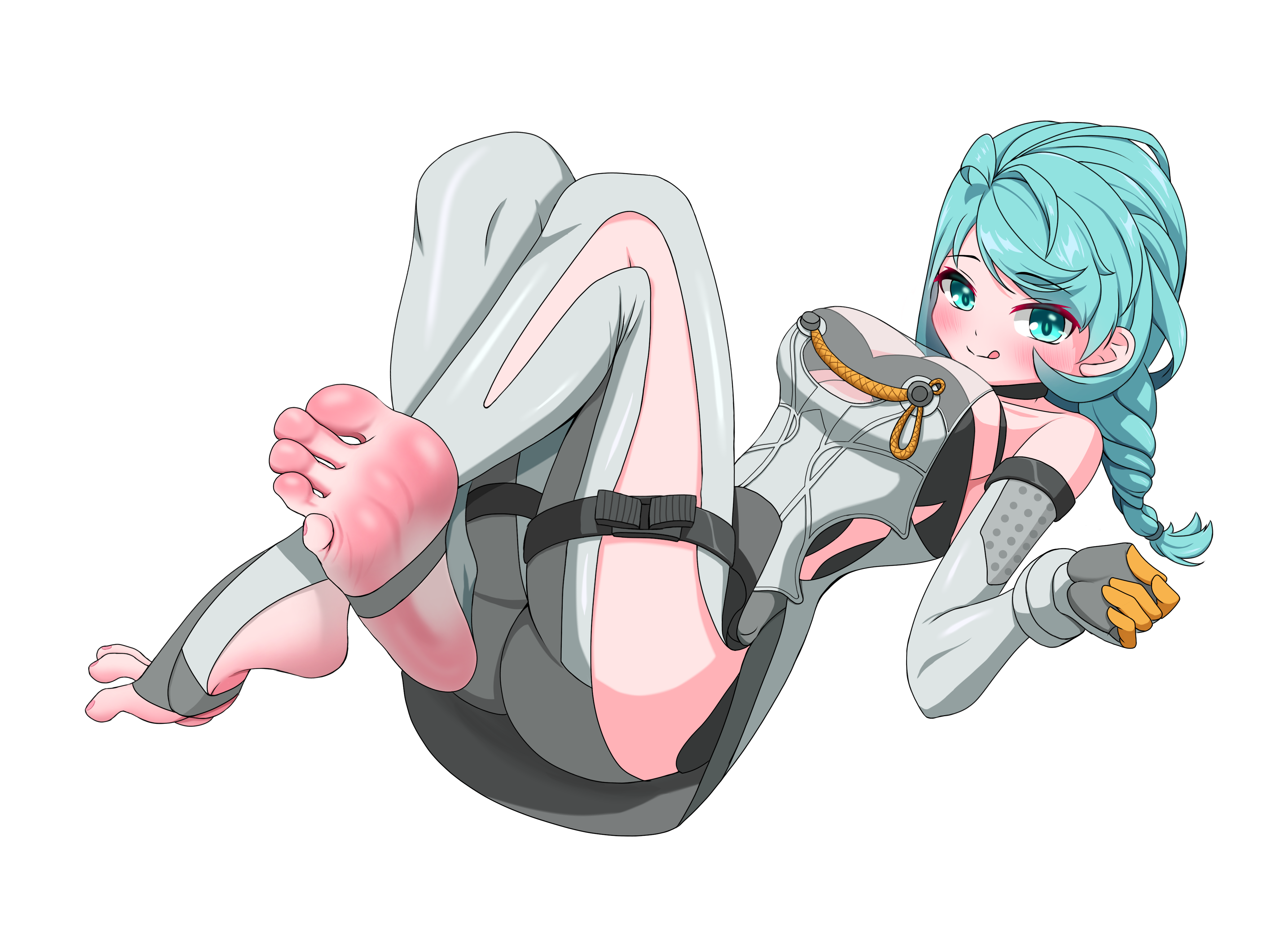 tsukasa49003, seed (zenless zone zero), zenless zone zero, absurdres, highres, 1girl, :q, barefoot, blue eyes, blue hair, blush, feet, long hair, looking at viewer, soles, stirrup legwear, toeless legwear, toes, tongue, tongue out, white background