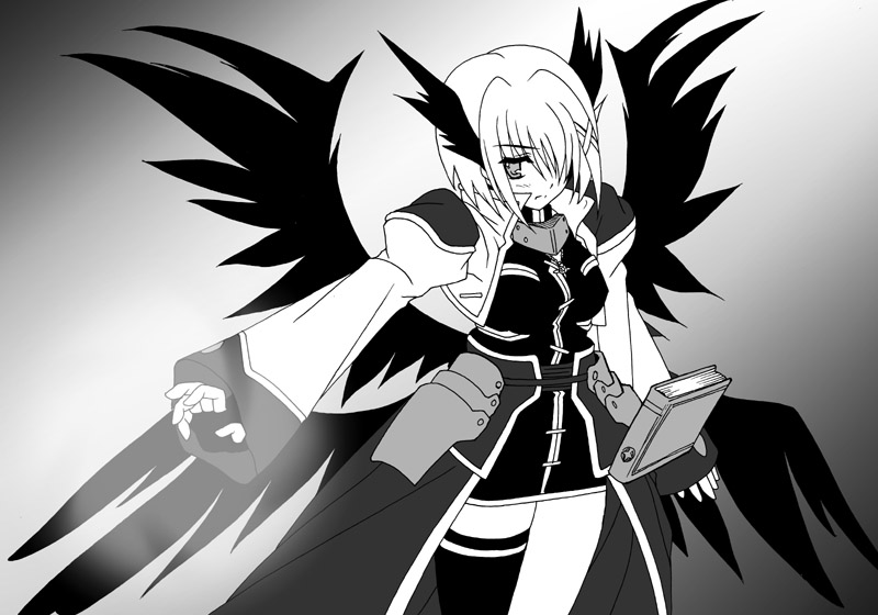 masutaauu, yagami hayate, lyrical nanoha, mahou shoujo lyrical nanoha, mahou shoujo lyrical nanoha strikers, 00s, 1girl, female focus, greyscale, hair ornament, monochrome, solo, thighhighs, unison (nanoha), x hair ornament