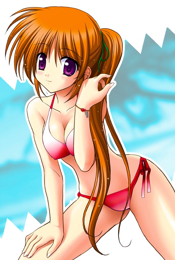 kitamiya genbu, takamachi nanoha, lyrical nanoha, mahou shoujo lyrical nanoha, mahou shoujo lyrical nanoha strikers, 00s, 1girl, bikini, breasts, brown hair, cleavage, female focus, medium breasts, pink bikini, ponytail, purple eyes, side-tie bikini bottom, solo, swimsuit