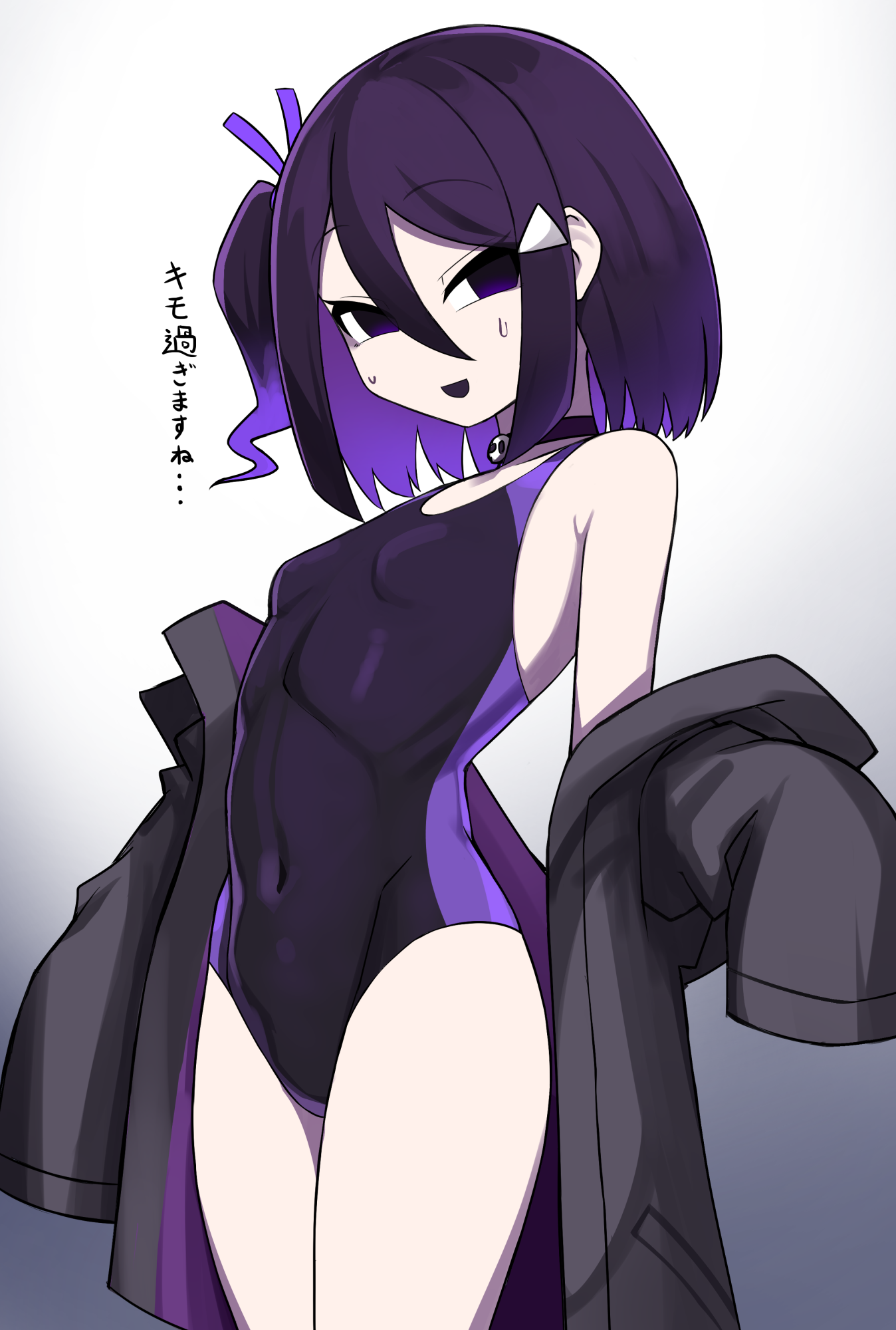 nirato shungiku, original, highres, :d, black hair, black jacket, breasts, colored inner hair, competition school swimsuit, covered navel, cowboy shot, gradient background, grey background, hair between eyes, jacket, medium hair, multicolored hair, no pupils, one side up, open mouth, purple eyes, purple hair, school swimsuit, skull choker, sleeves past fingers, sleeves past wrists, small breasts, smile, sweatdrop, swimsuit, white background